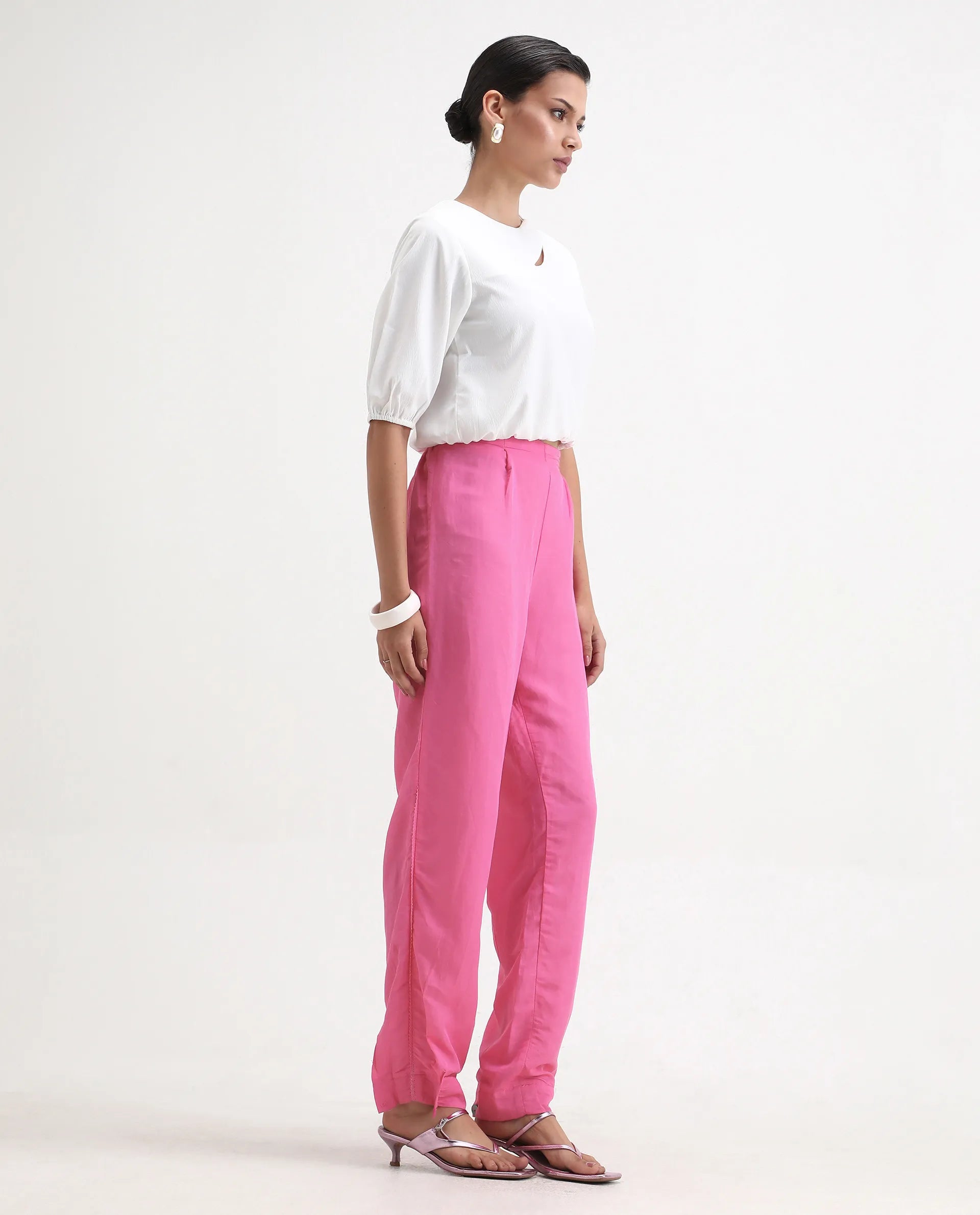 Rareism Women's Erin Pink Cotton Linen Plain Ankle Length Tailored Trouser