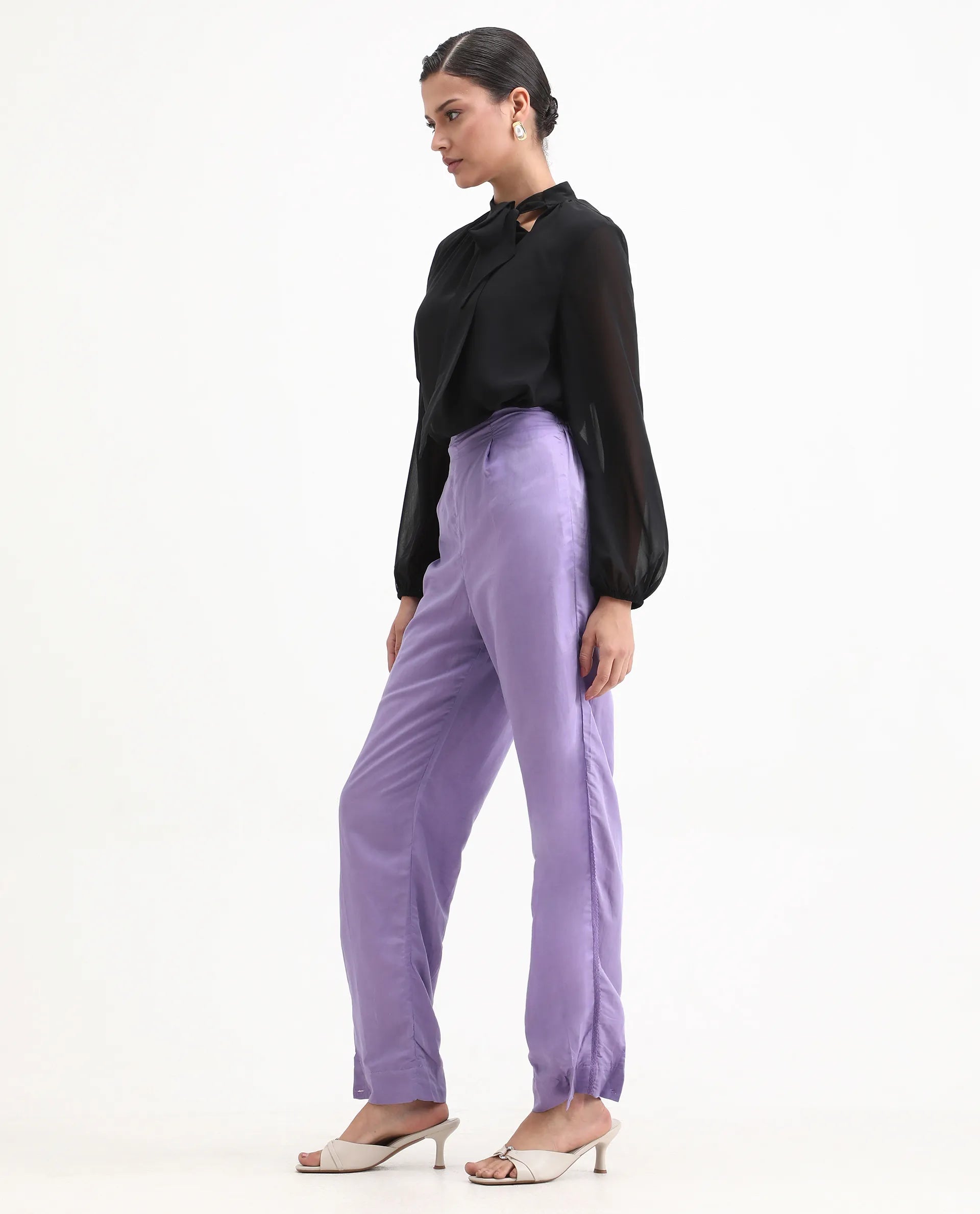 Rareism Women's Erin Purple Cotton Linen Plain Ankle Length Tailored Trouser