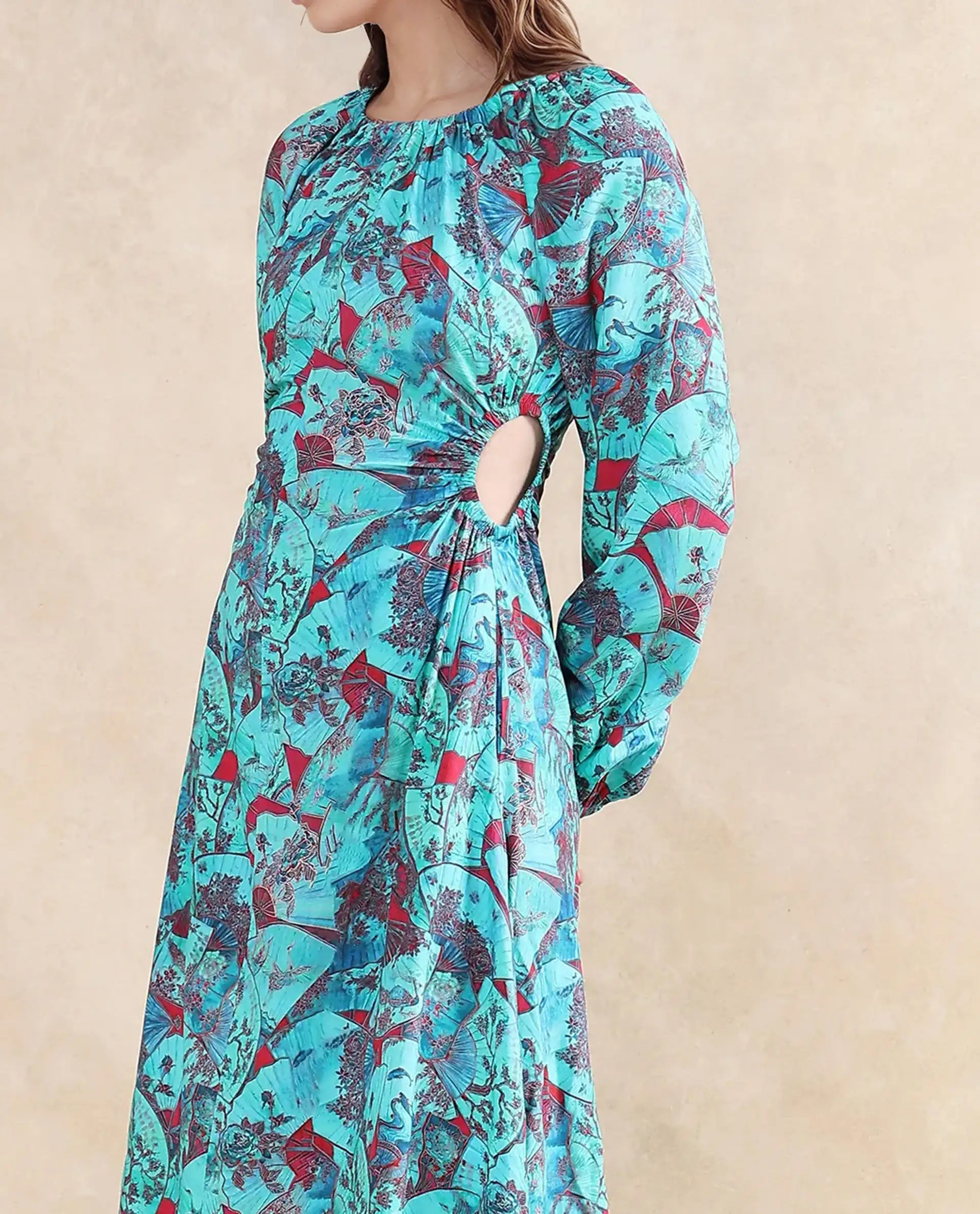 Rareism Women's Eritram Multi Viscose Fabric Crew Neck Puff Sleeve Abstract A-Line Maxi Dress