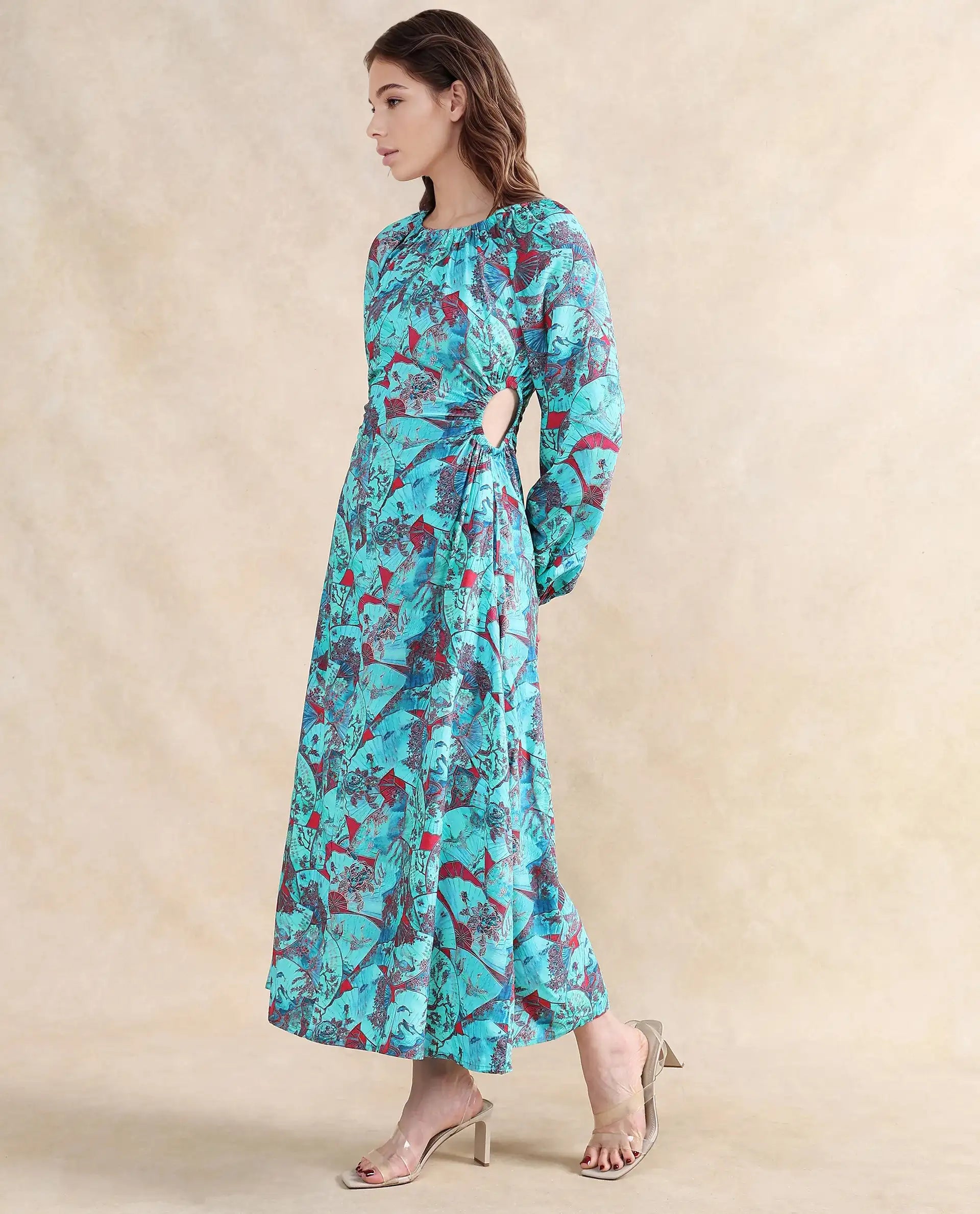 Rareism Women's Eritram Multi Viscose Fabric Crew Neck Puff Sleeve Abstract A-Line Maxi Dress