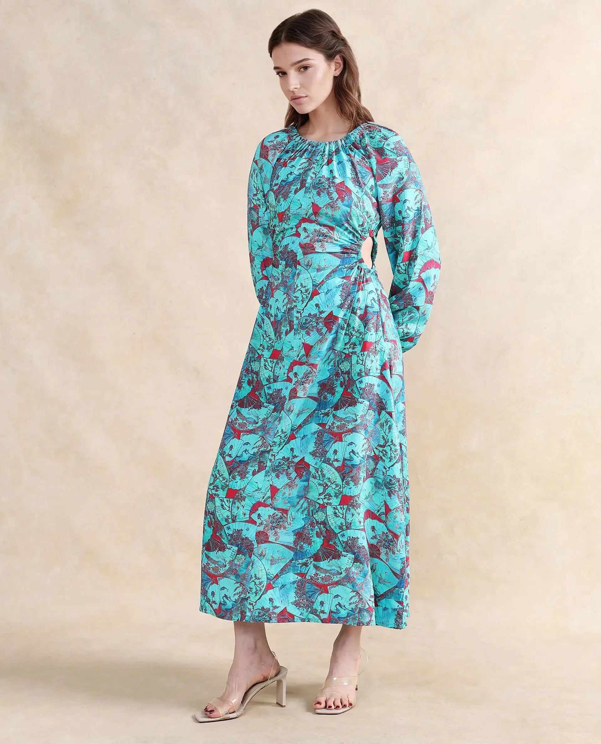 Rareism Women's Eritram Multi Viscose Fabric Crew Neck Puff Sleeve Abstract A-Line Maxi Dress