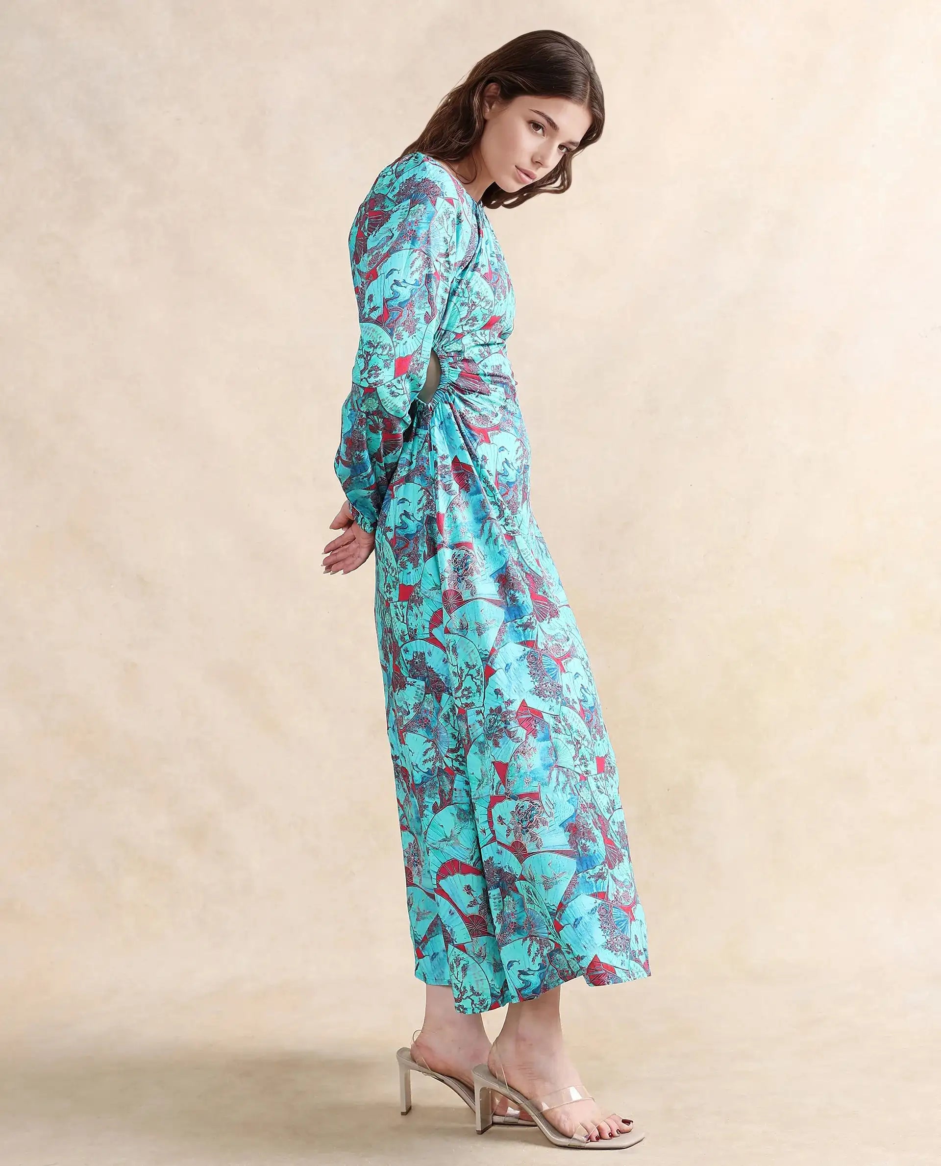 Rareism Women's Eritram Multi Viscose Fabric Crew Neck Puff Sleeve Abstract A-Line Maxi Dress