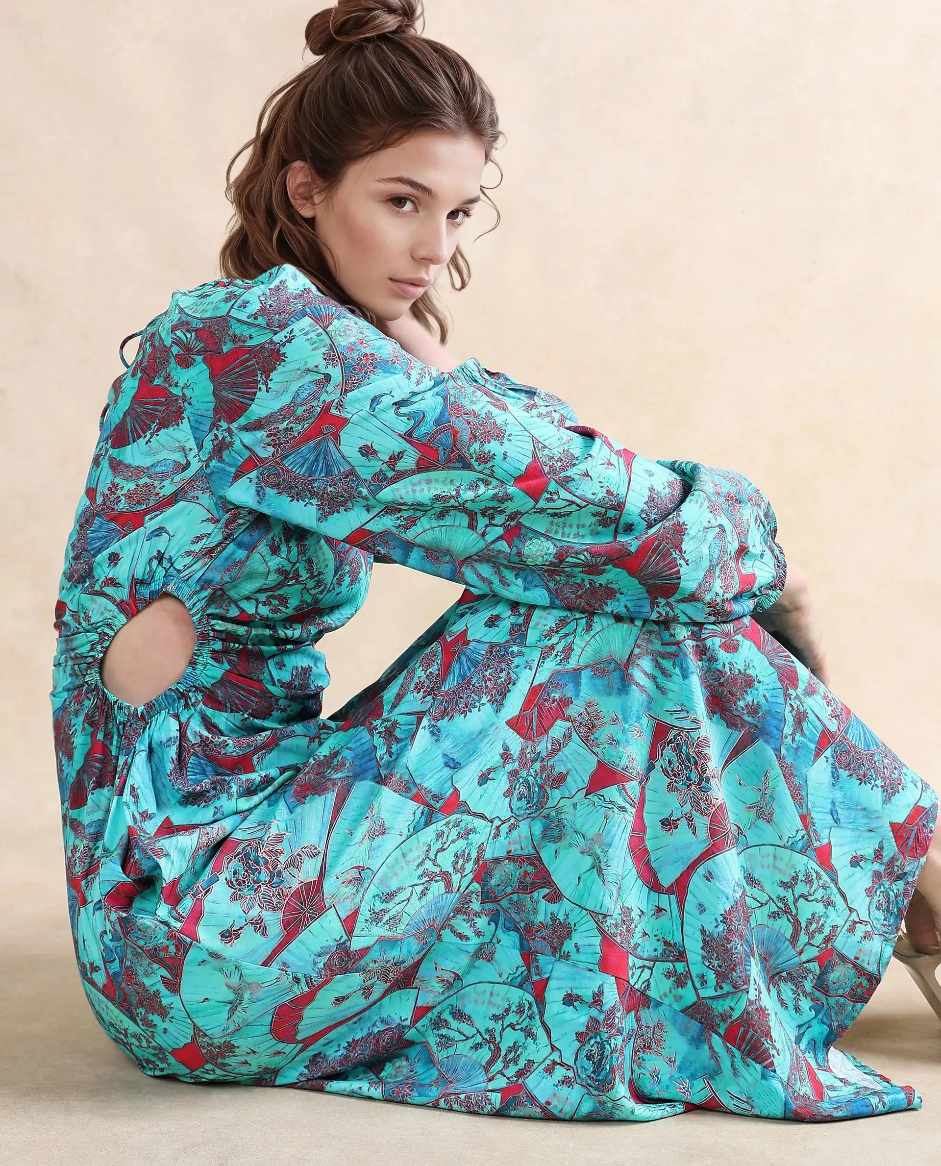 Rareism Women's Eritram Multi Viscose Fabric Crew Neck Puff Sleeve Abstract A-Line Maxi Dress