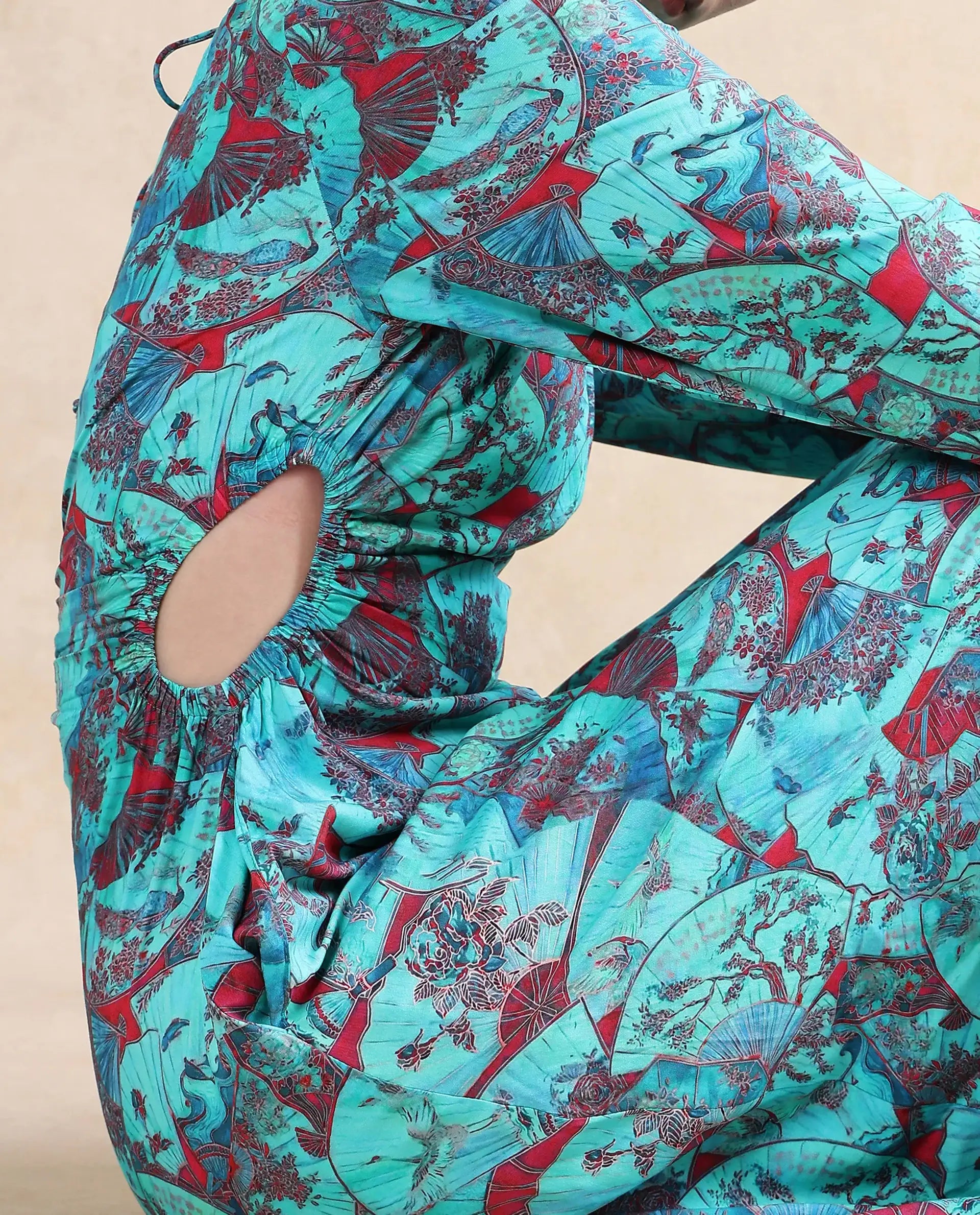 Rareism Women's Eritram Multi Viscose Fabric Crew Neck Puff Sleeve Abstract A-Line Maxi Dress