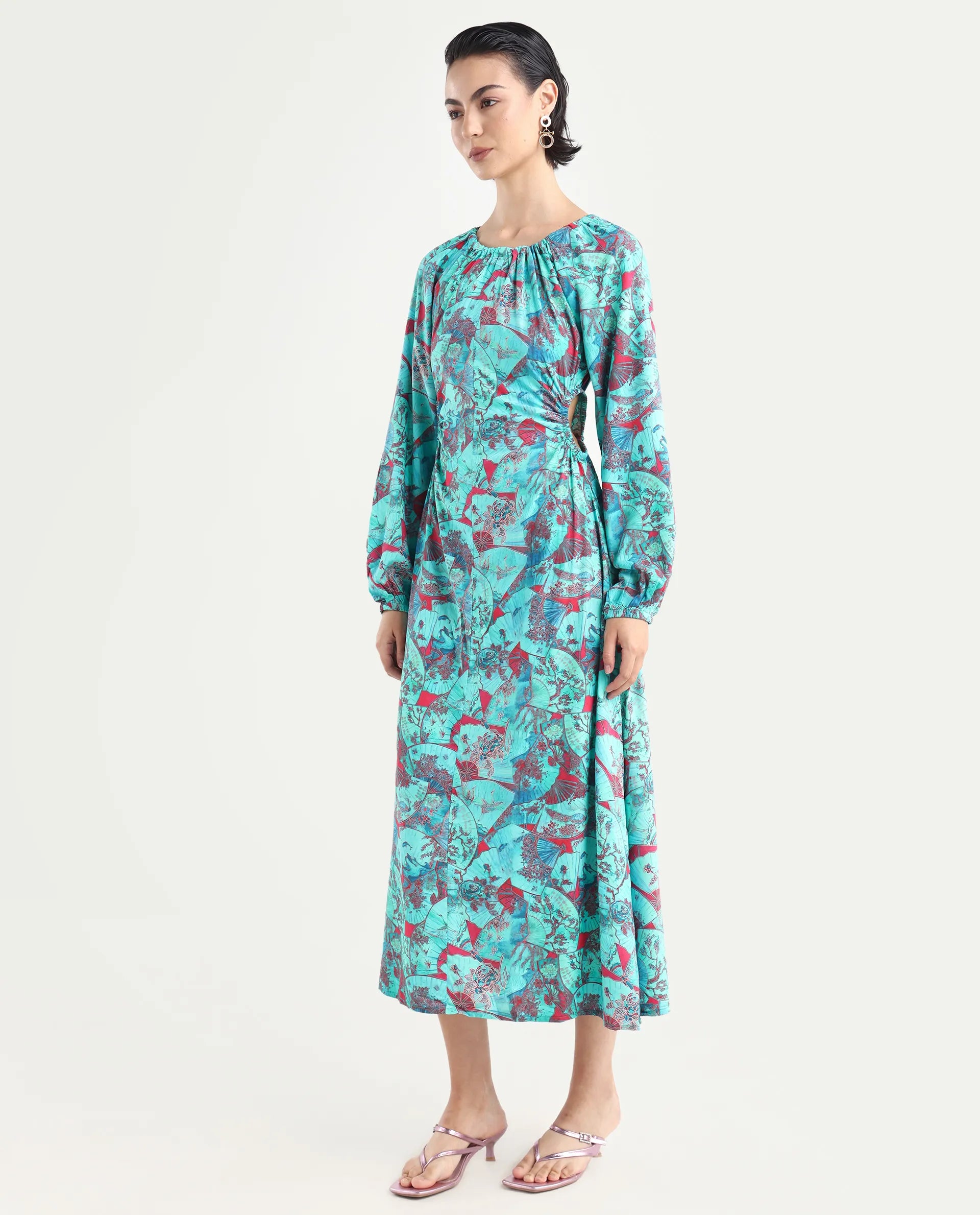 Rareism Women's Viscose Crew Neck Abstract Print Puff Sleeves Maxi A-Line Dress
