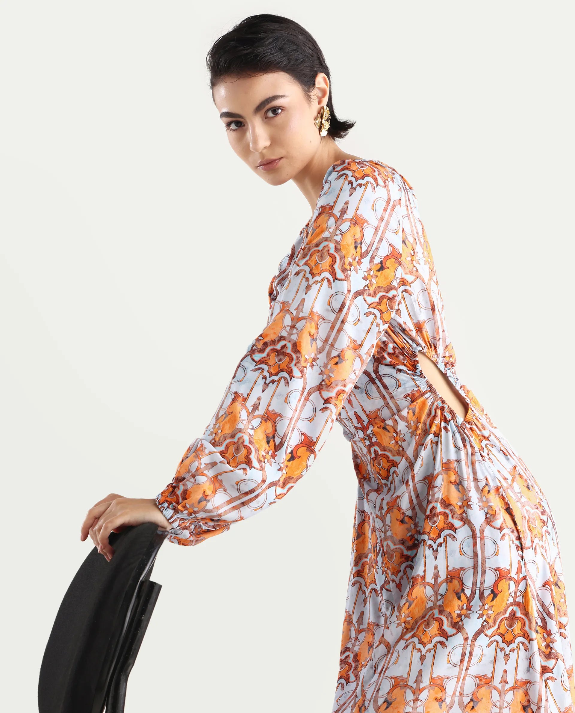 Rareism Women's Eritra Light Multi Viscose Crew Neck Abstract Print Puff Sleeves Maxi A-Line Dress