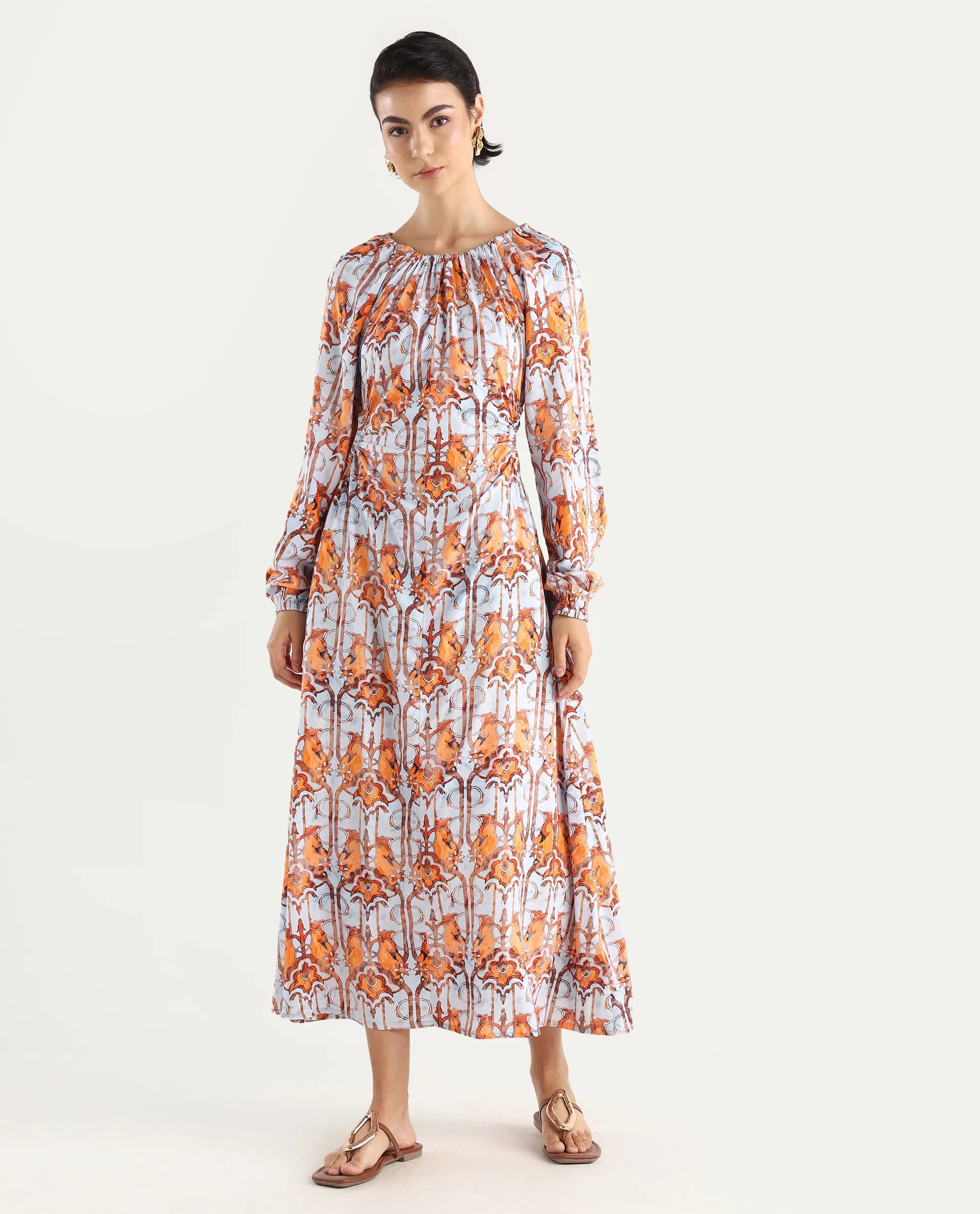 Rareism Women's Eritra Light Multi Viscose Crew Neck Abstract Print Puff Sleeves Maxi A-Line Dress