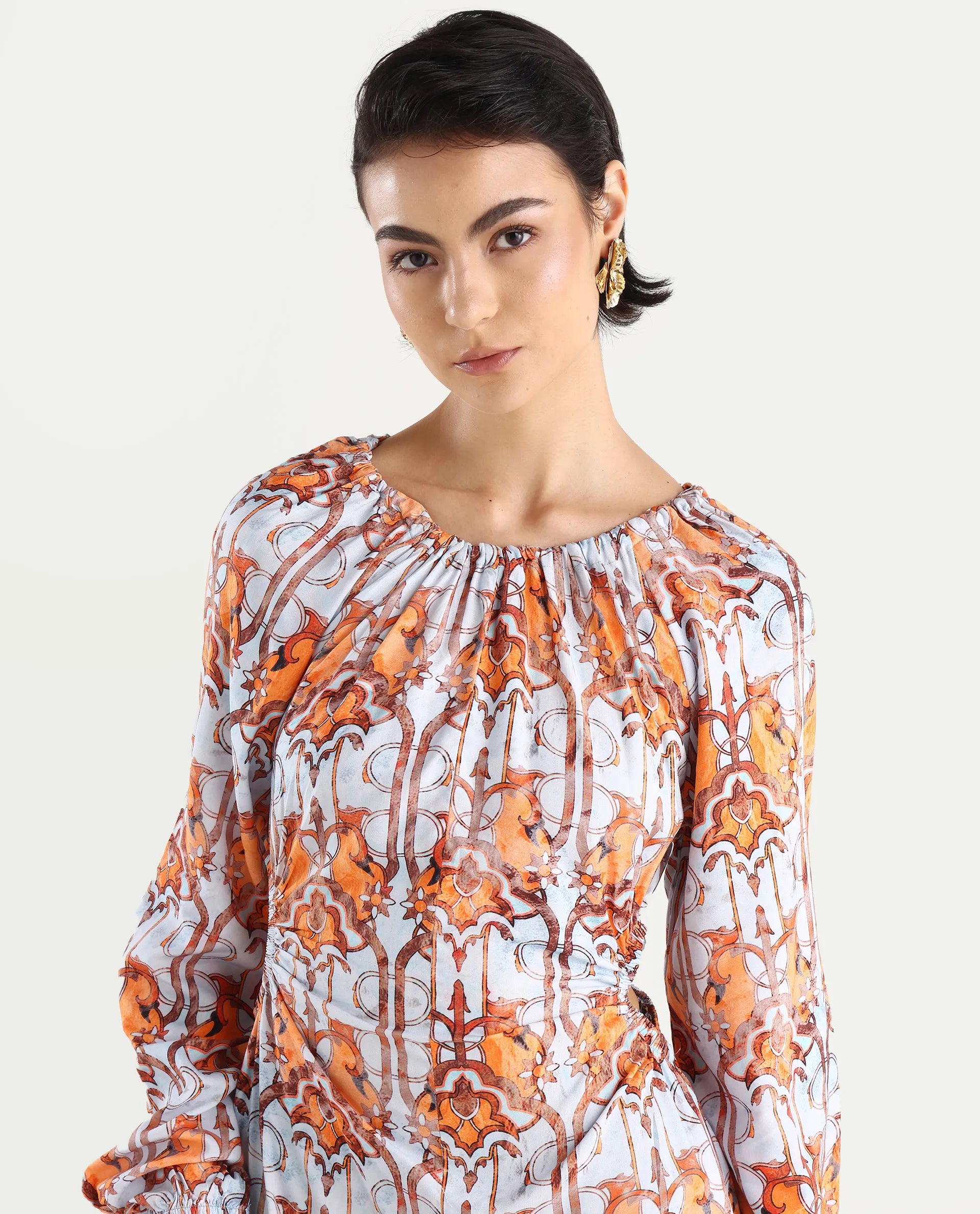 Rareism Women's Eritra Light Multi Viscose Crew Neck Abstract Print Puff Sleeves Maxi A-Line Dress