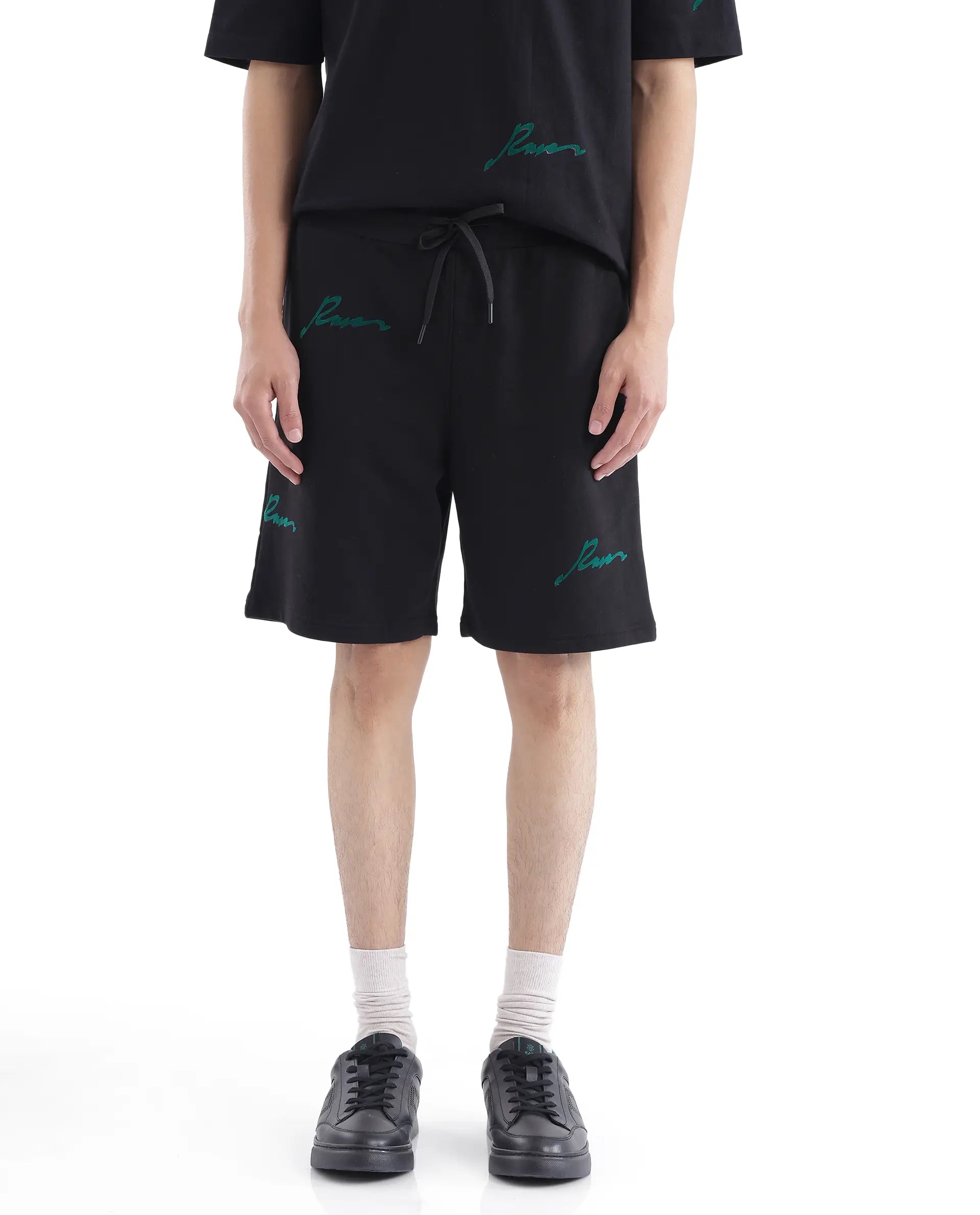 Rare Rabbit Men Erken-B Black Cotton Polyester Fabric Short Sleeve Boxy Fit Typography Print Shorts