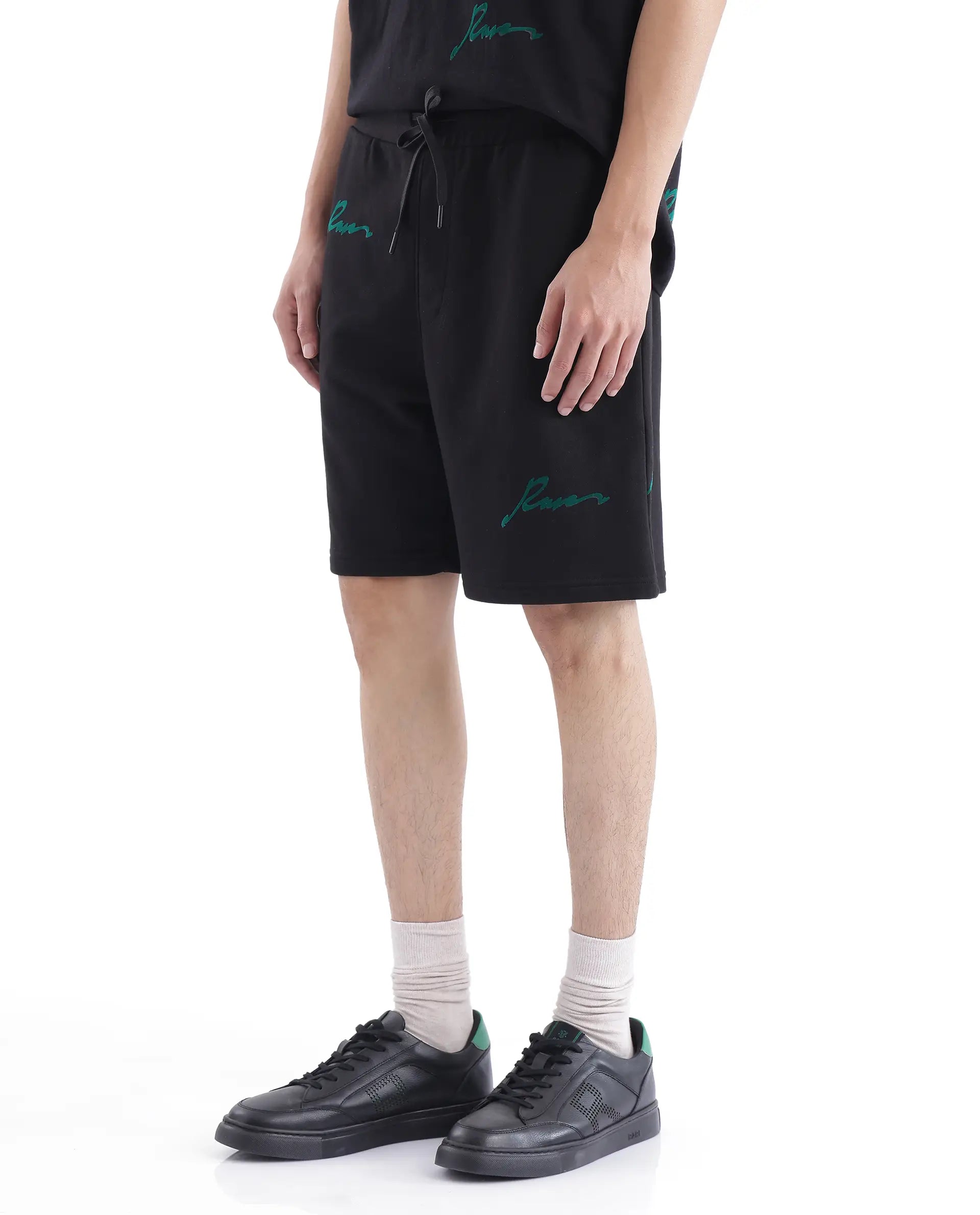 Rare Rabbit Men Erken-B Black Cotton Polyester Fabric Short Sleeve Boxy Fit Typography Print Shorts