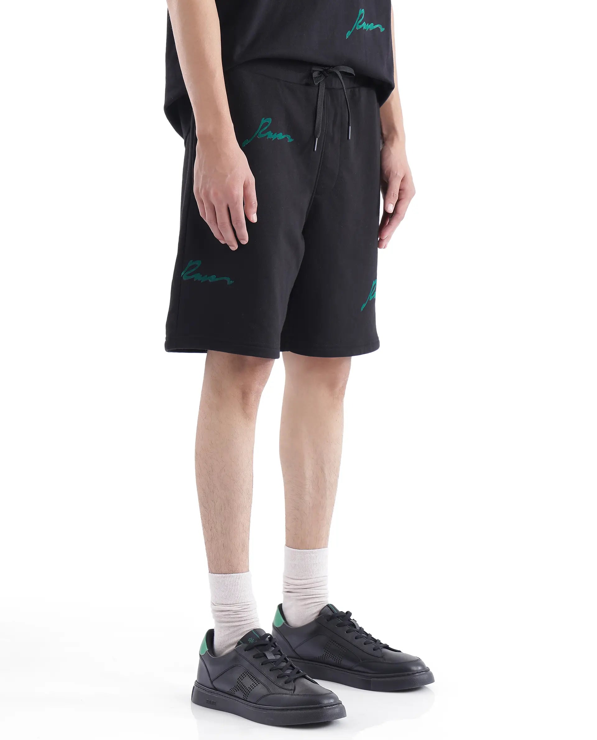 Rare Rabbit Men Erken-B Black Cotton Polyester Fabric Short Sleeve Boxy Fit Typography Print Shorts