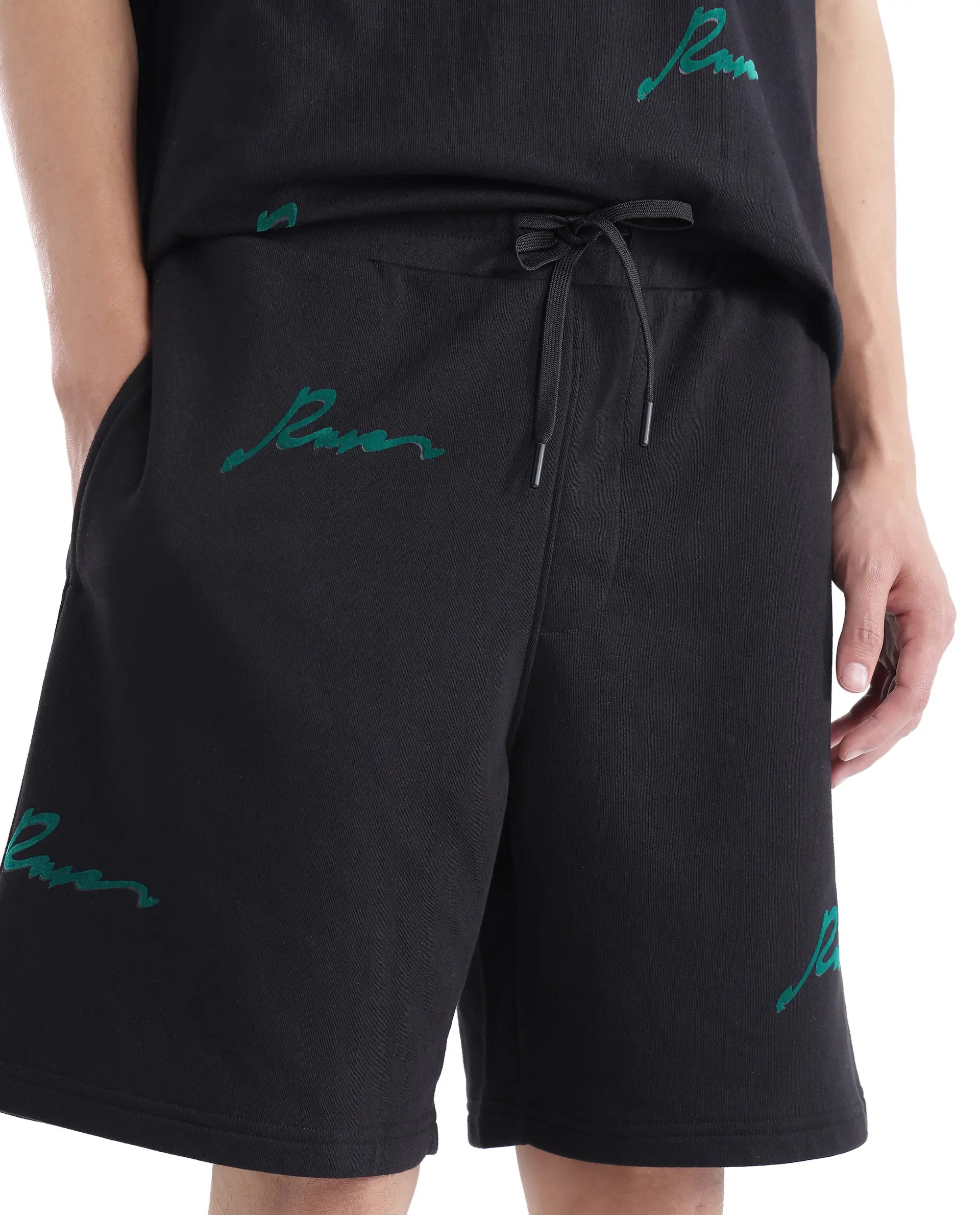 Rare Rabbit Men Erken-B Black Cotton Polyester Fabric Short Sleeve Boxy Fit Typography Print Shorts