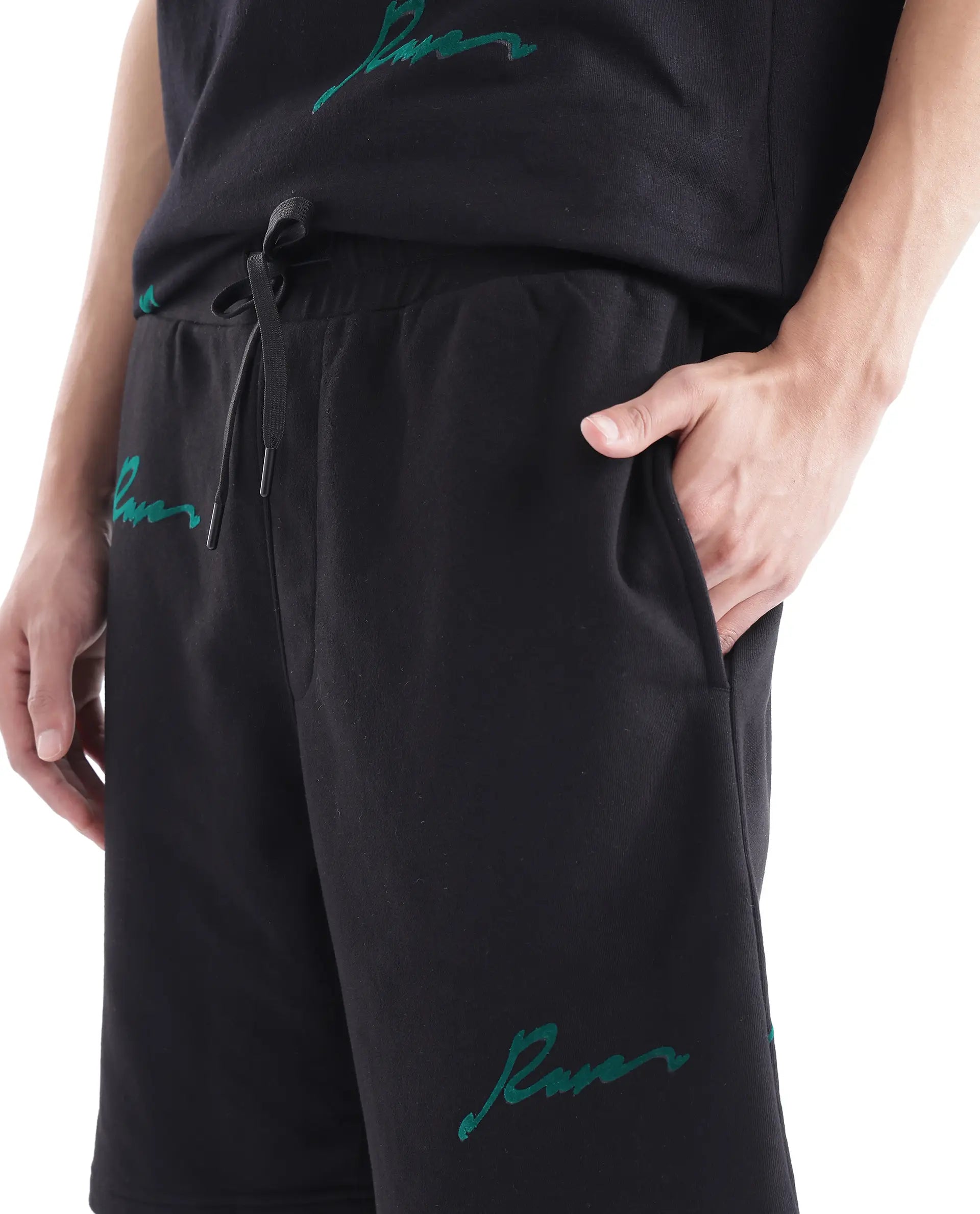 Rare Rabbit Men Erken-B Black Cotton Polyester Fabric Short Sleeve Boxy Fit Typography Print Shorts