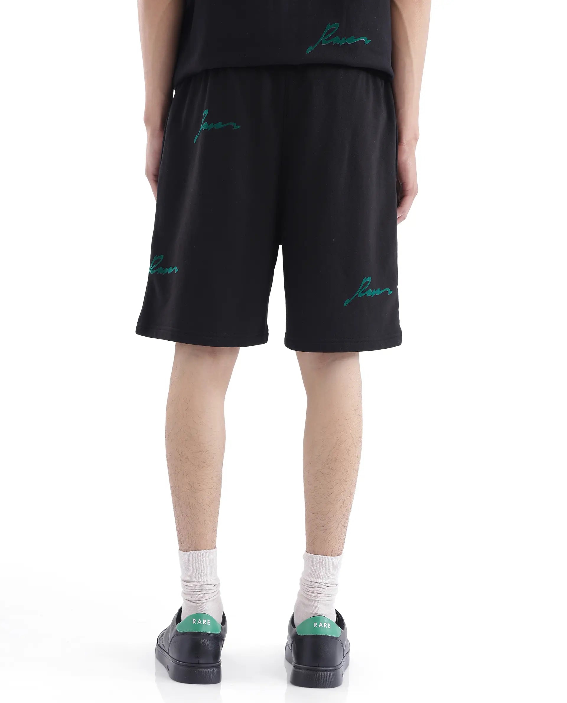 Rare Rabbit Men Erken-B Black Cotton Polyester Fabric Short Sleeve Boxy Fit Typography Print Shorts