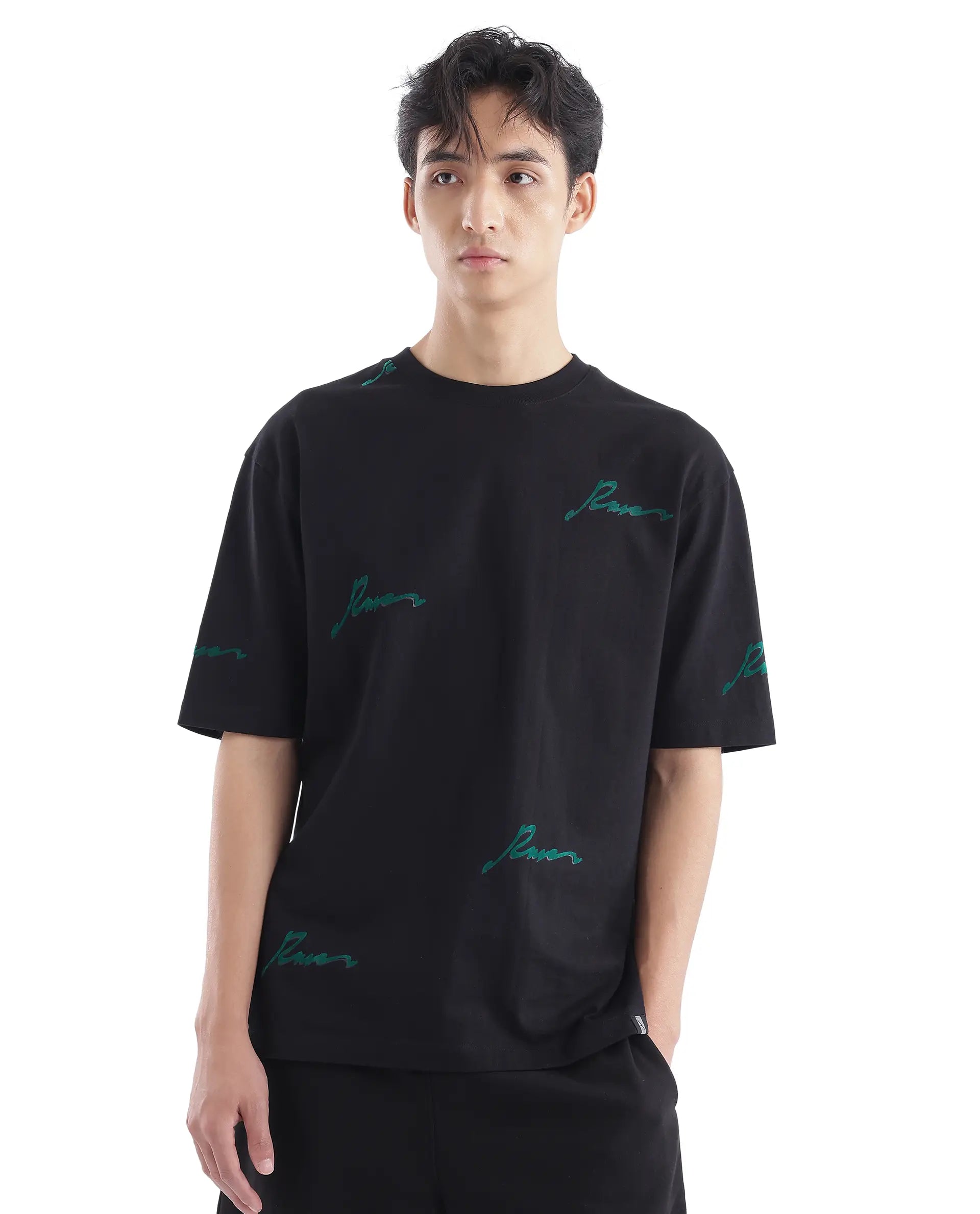 Rare Rabbit Men Erken Black Cotton Fabric Short Sleeve Crew Neck Oversized Fit Graphic Typography Print T-Shirt