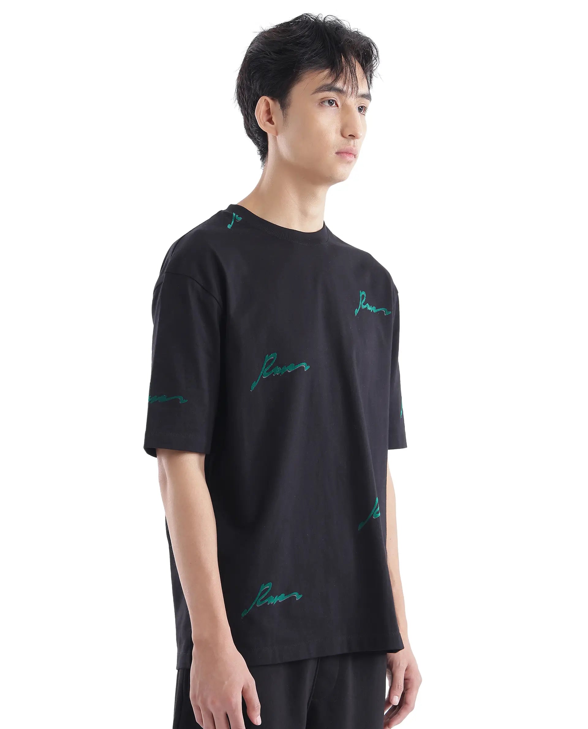 Rare Rabbit Men Erken Black Cotton Fabric Short Sleeve Crew Neck Oversized Fit Graphic Typography Print T-Shirt