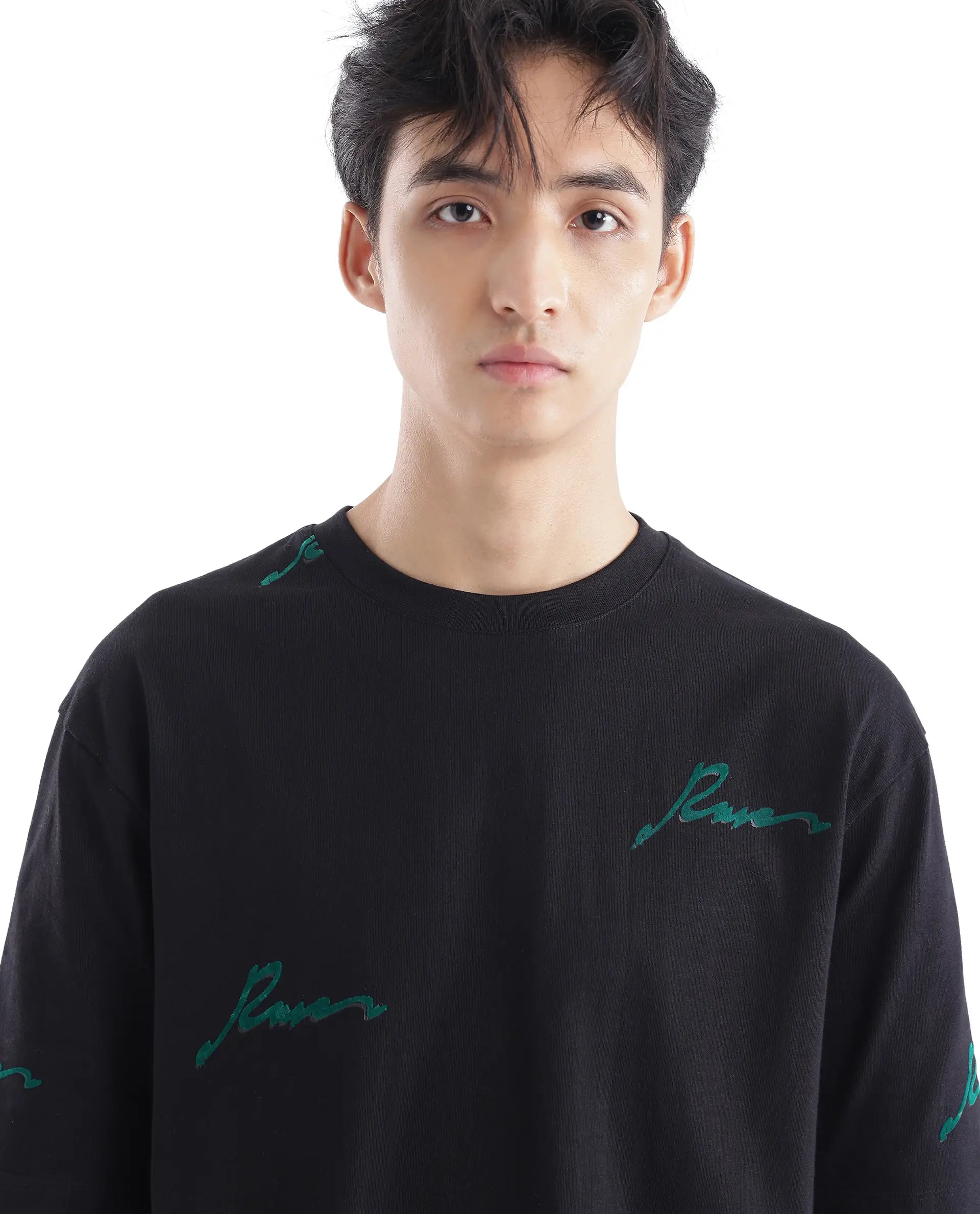 Rare Rabbit Men Erken Black Cotton Fabric Short Sleeve Crew Neck Oversized Fit Graphic Typography Print T-Shirt