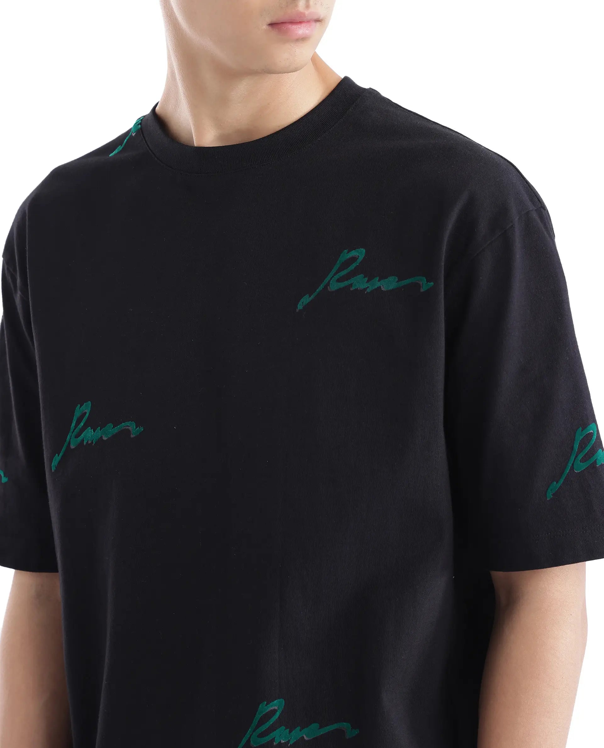 Rare Rabbit Men Erken Black Cotton Fabric Short Sleeve Crew Neck Oversized Fit Graphic Typography Print T-Shirt