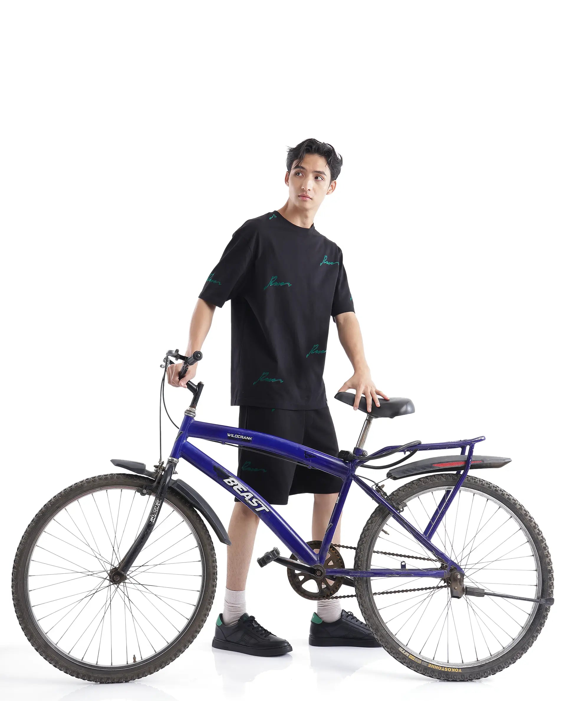 Rare Rabbit Men Erken Black Cotton Fabric Short Sleeve Crew Neck Oversized Fit Graphic Typography Print T-Shirt