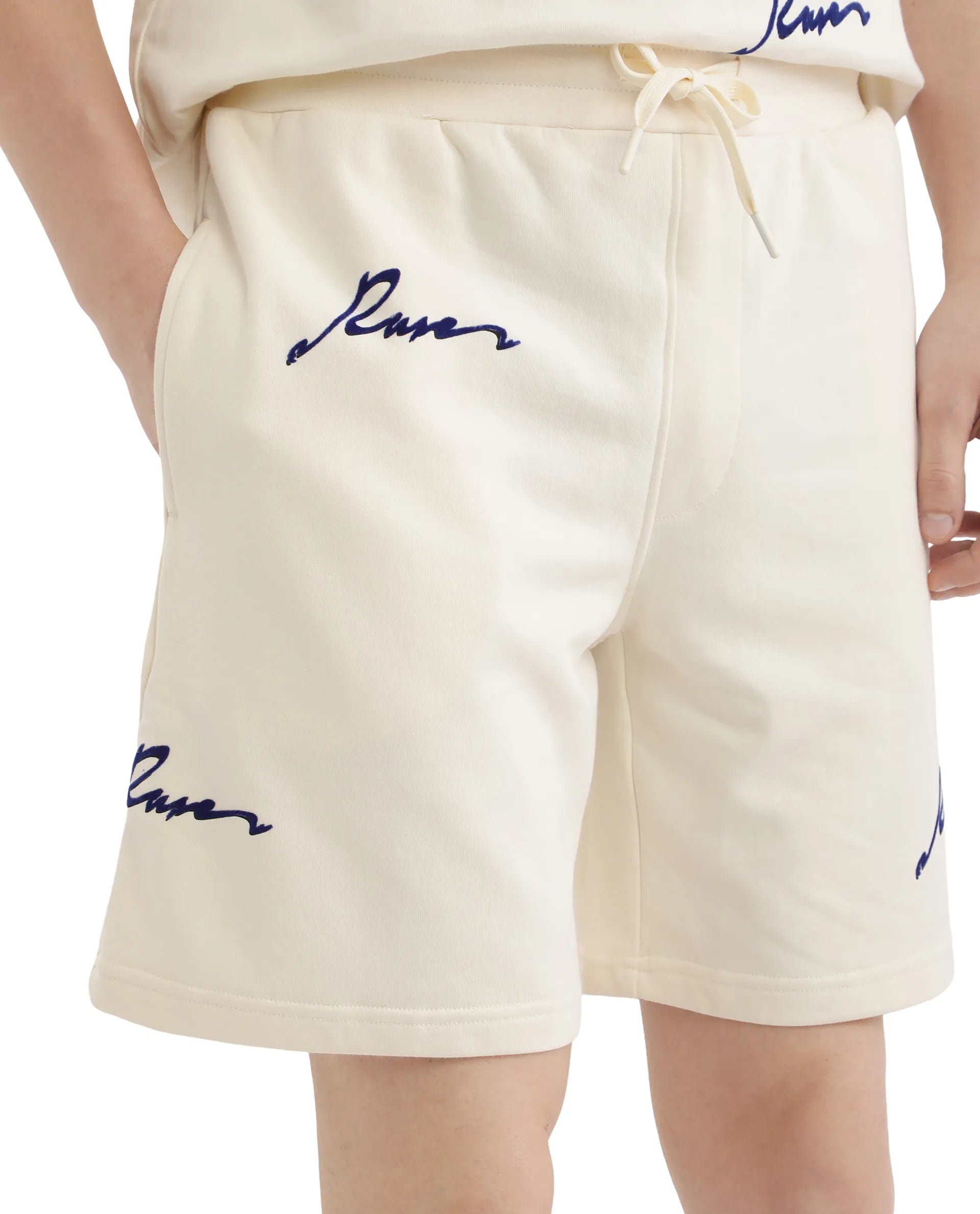 Rare Rabbit Men Erken-B Off White Cotton Polyester Fabric Short Sleeve Boxy Fit Typography Print Shorts