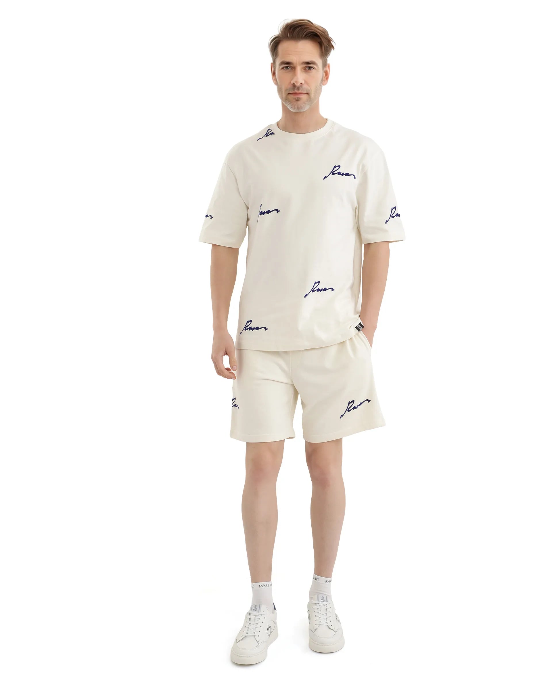 Rare Rabbit Men Erken Off White Cotton Fabric Short Sleeve Crew Neck Oversized Fit Graphic Typography Print T-Shirt