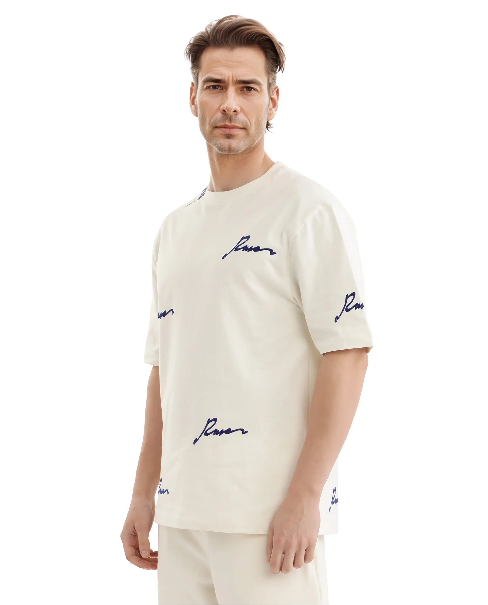 Rare Rabbit Men Erken Off White Cotton Fabric Short Sleeve Crew Neck Oversized Fit Graphic Typography Print T-Shirt