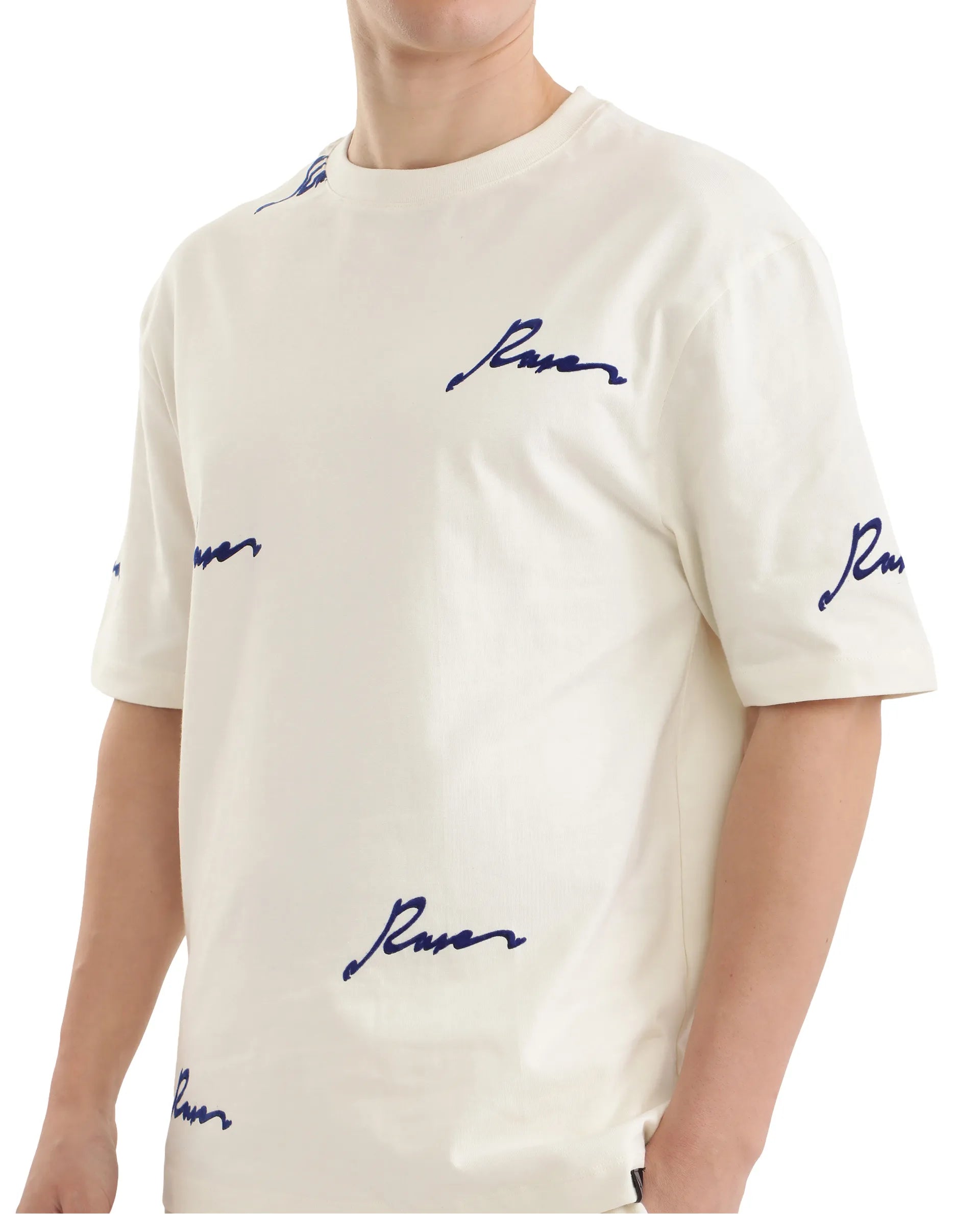 Rare Rabbit Men Erken Off White Cotton Fabric Short Sleeve Crew Neck Oversized Fit Graphic Typography Print T-Shirt