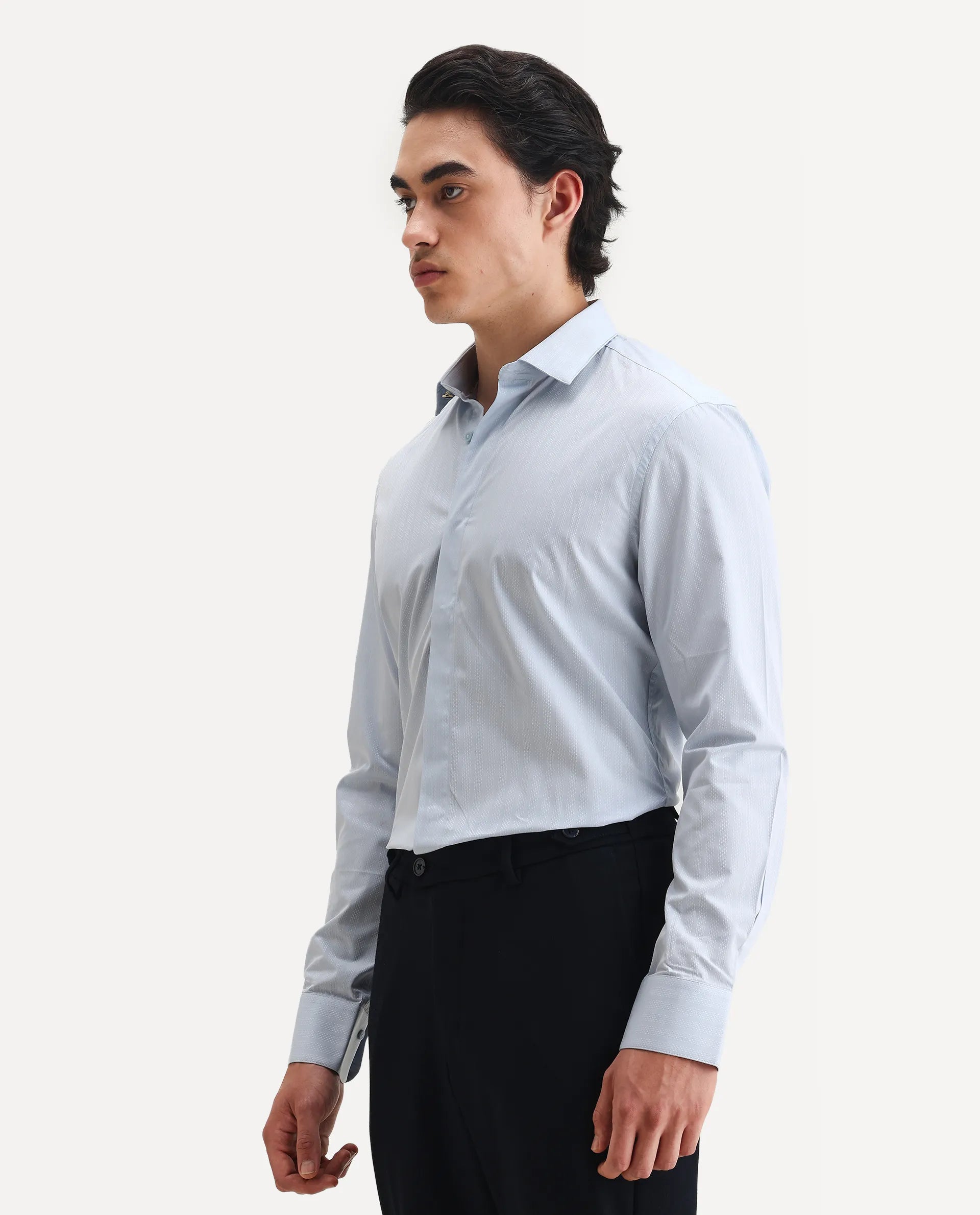 Rare Rabbit Men's Erlane Pastel Blue Cotton Plain Regular Fit Full Sleeve Collared Shirt