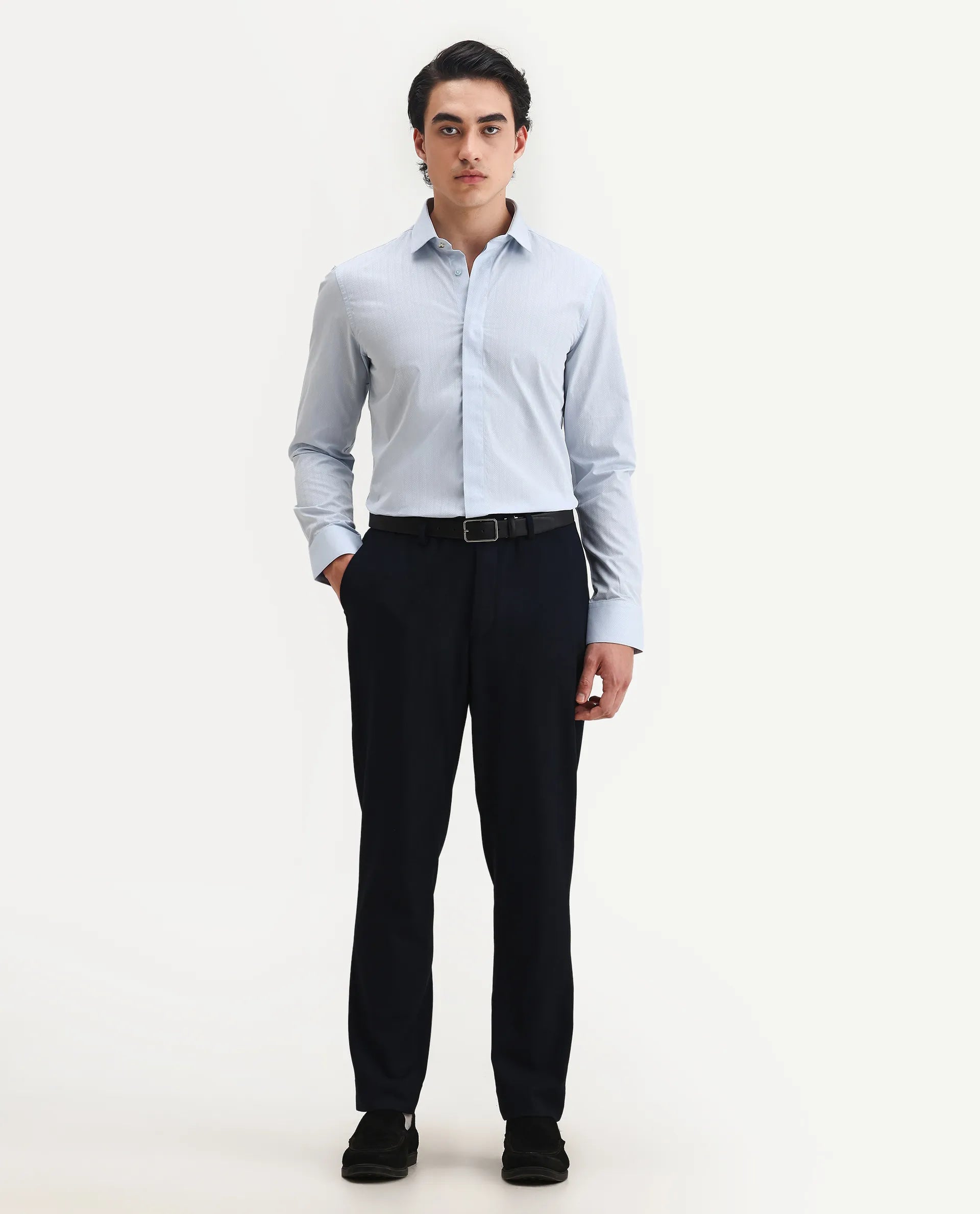 Rare Rabbit Men's Erlane Pastel Blue Cotton Plain Regular Fit Full Sleeve Collared Shirt