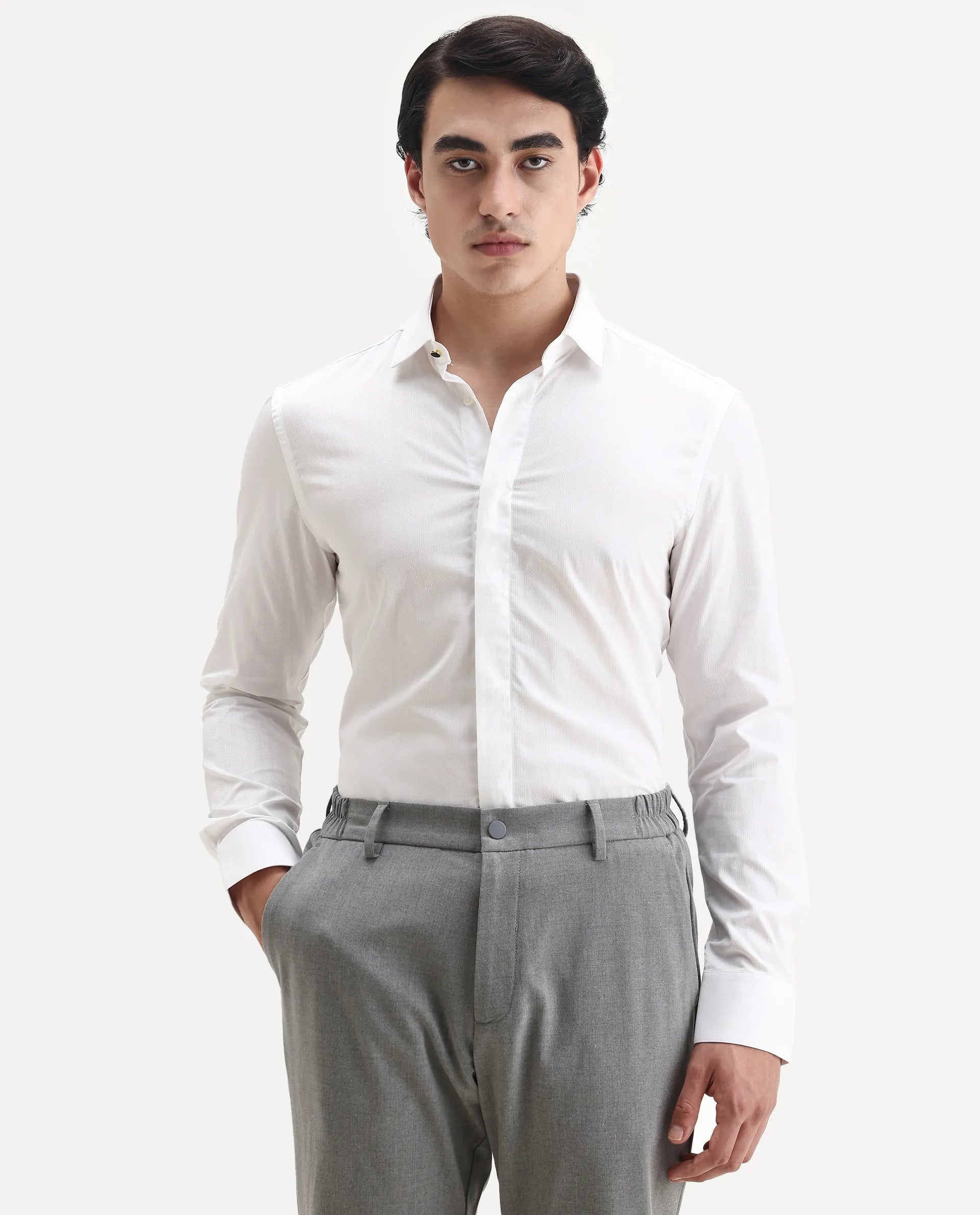 Rare Rabbit Men's Erlane White Cotton Plain Regular Fit Full Sleeve Collared Shirt