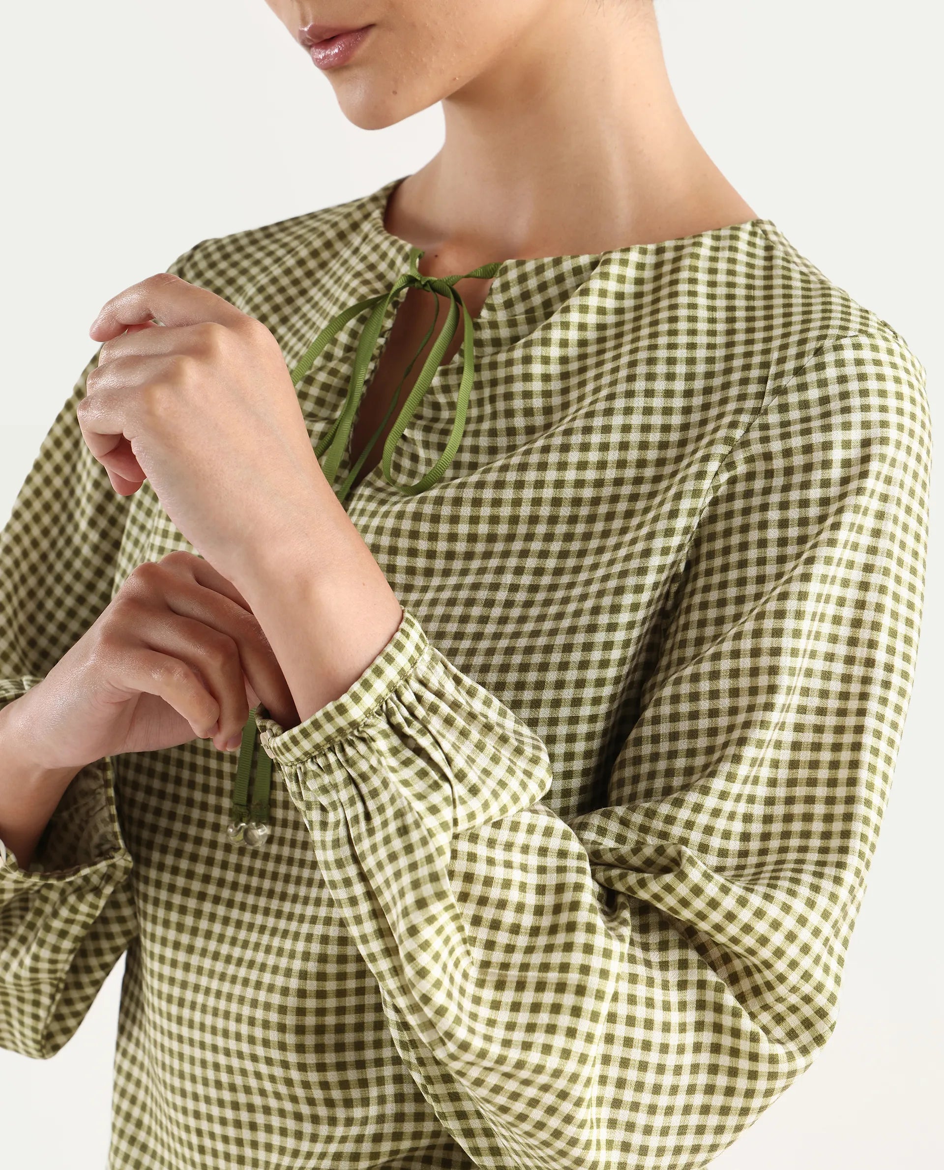 Rareism Women's Erlinee Olive Polyester Tie-Up Neck Flannel Print Bishop Sleeve Regular Fitted Top