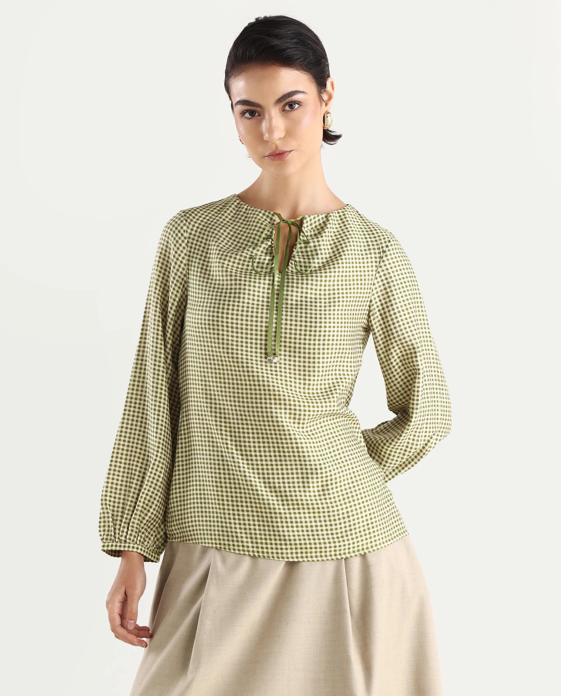 Rareism Women's Erlinee Olive Polyester Tie-Up Neck Flannel Print Bishop Sleeve Regular Fitted Top