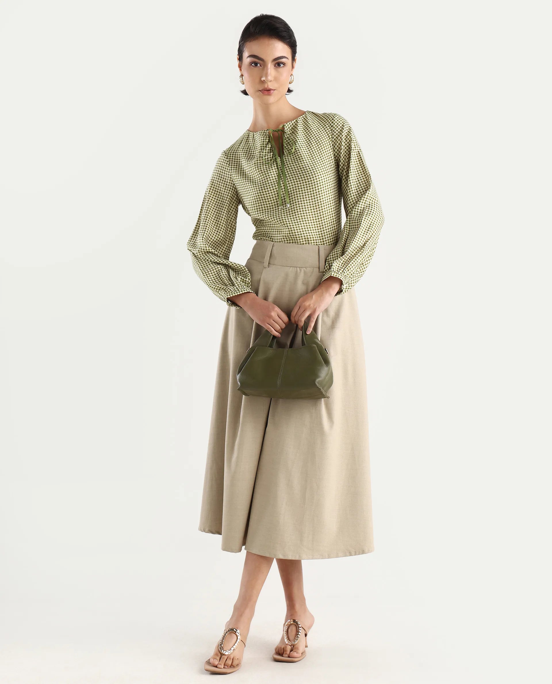 Rareism Women's Erlinee Olive Polyester Tie-Up Neck Flannel Print Bishop Sleeve Regular Fitted Top