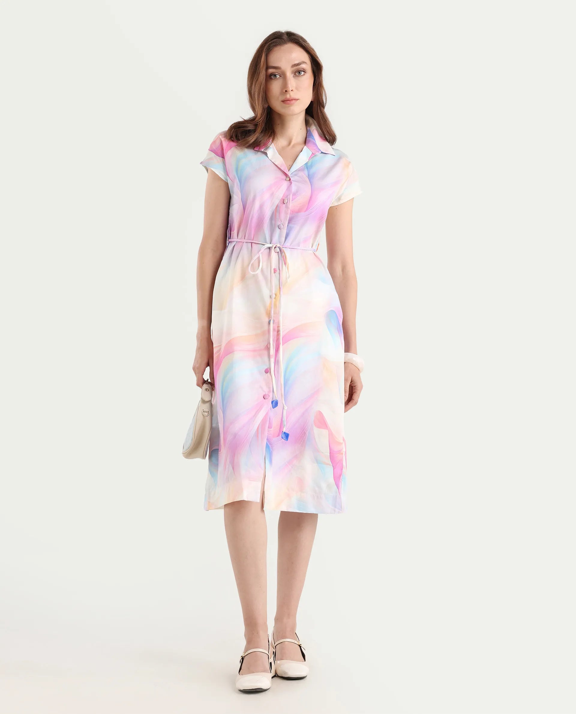 Rareism Women's Erlong Multi Cotton Blend Drop Collar Abstract Print Midi A-Line Dress