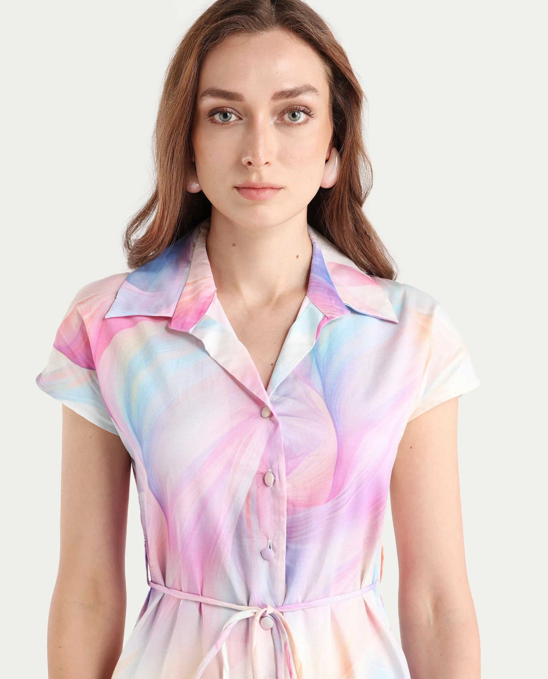 Rareism Women's Erlong Multi Cotton Blend Drop Collar Abstract Print Midi A-Line Dress