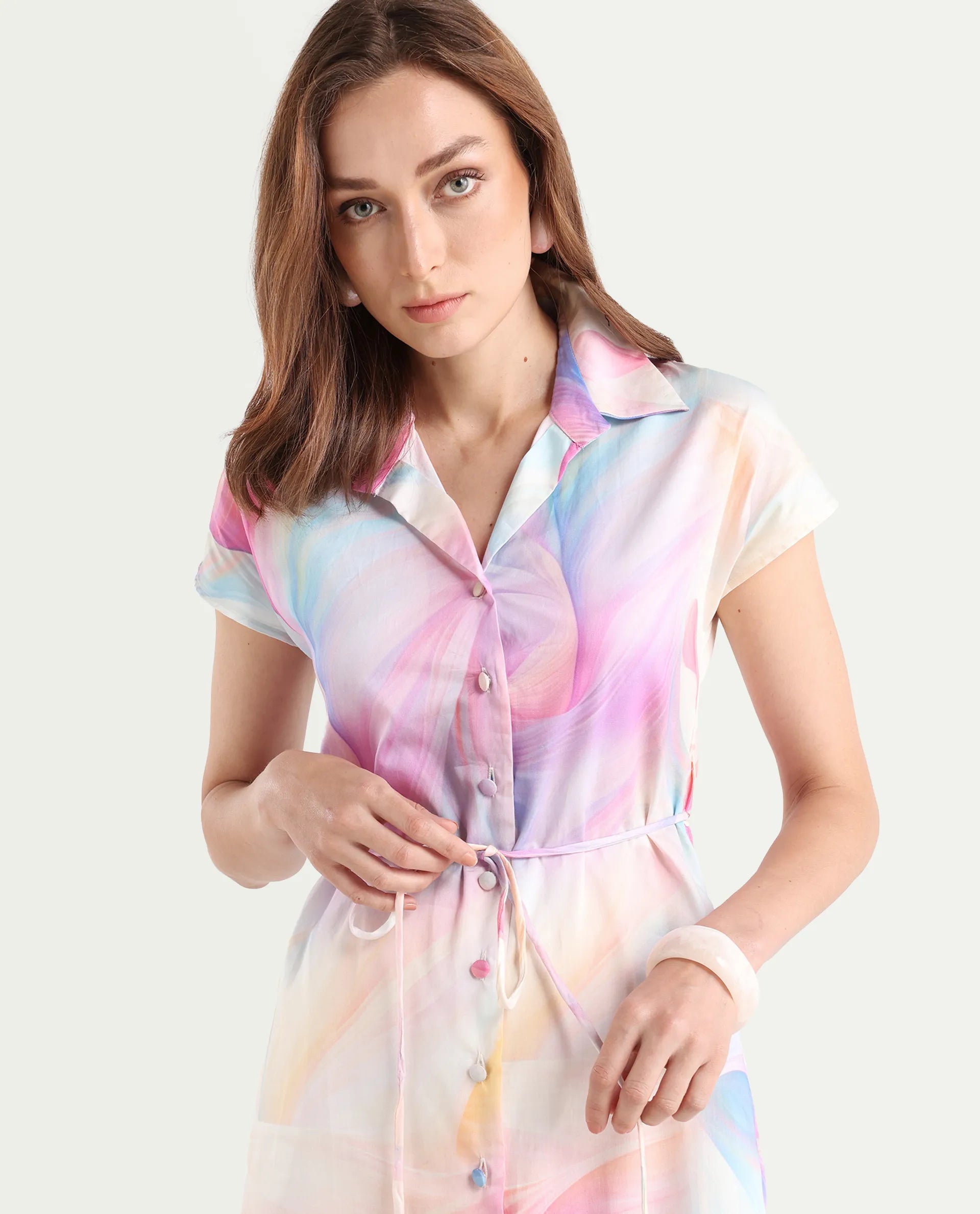 Rareism Women's Erlong Multi Cotton Blend Drop Collar Abstract Print Midi A-Line Dress