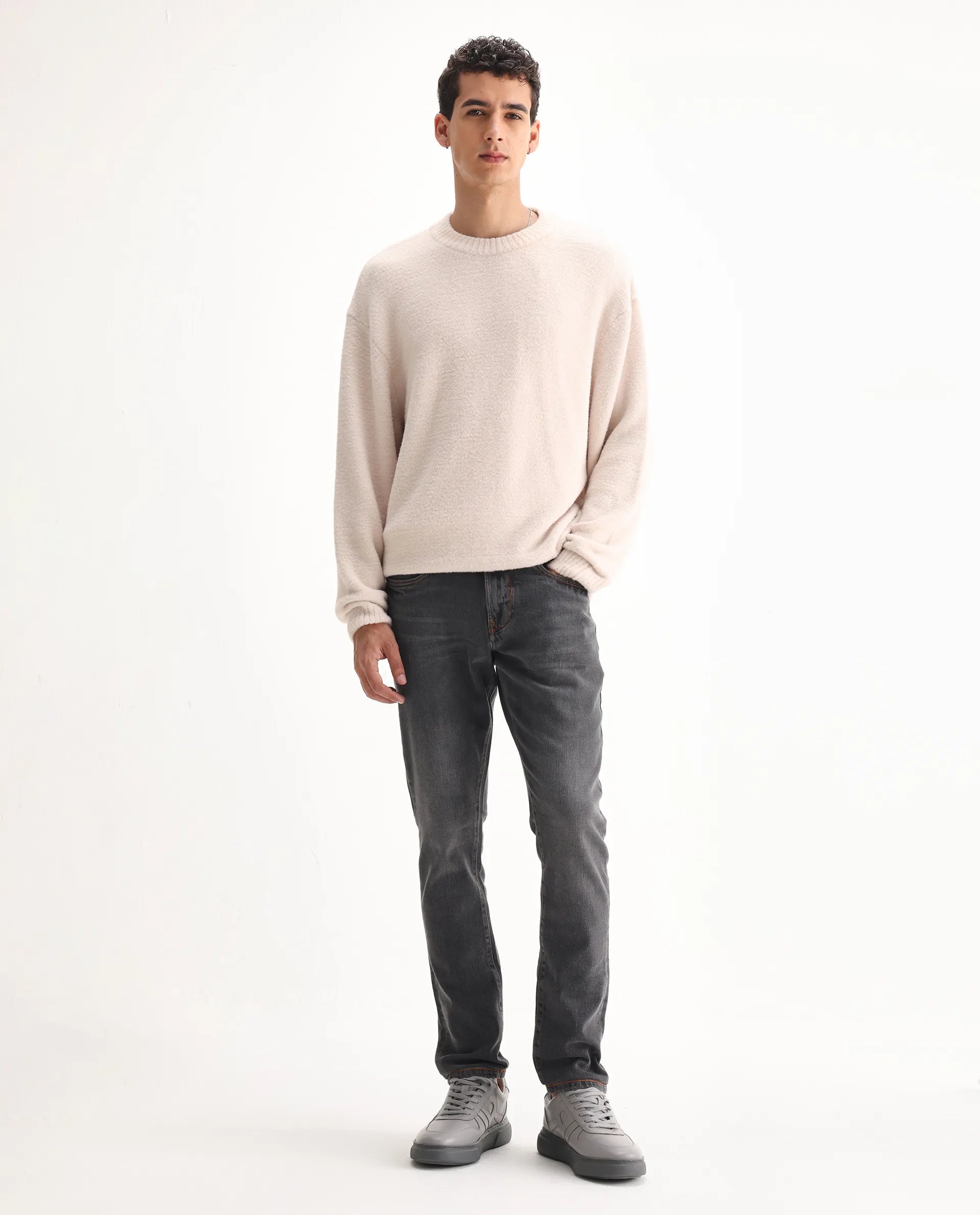 Rare Rabbit Men's Ermis Grey Cotton Blend Plain Hawk Slim Fit Jeans