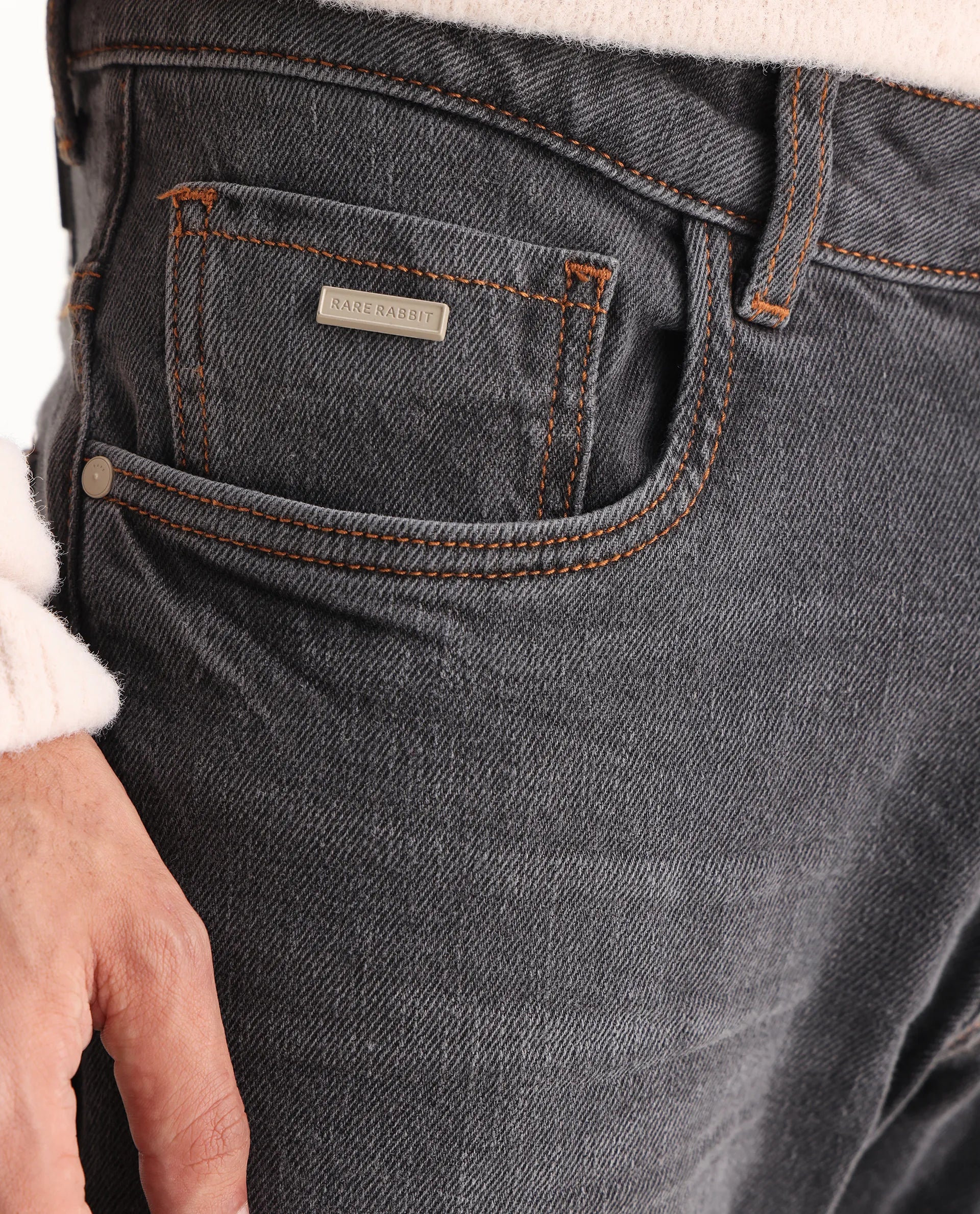 Rare Rabbit Men's Ermis Grey Cotton Blend Plain Hawk Slim Fit Jeans