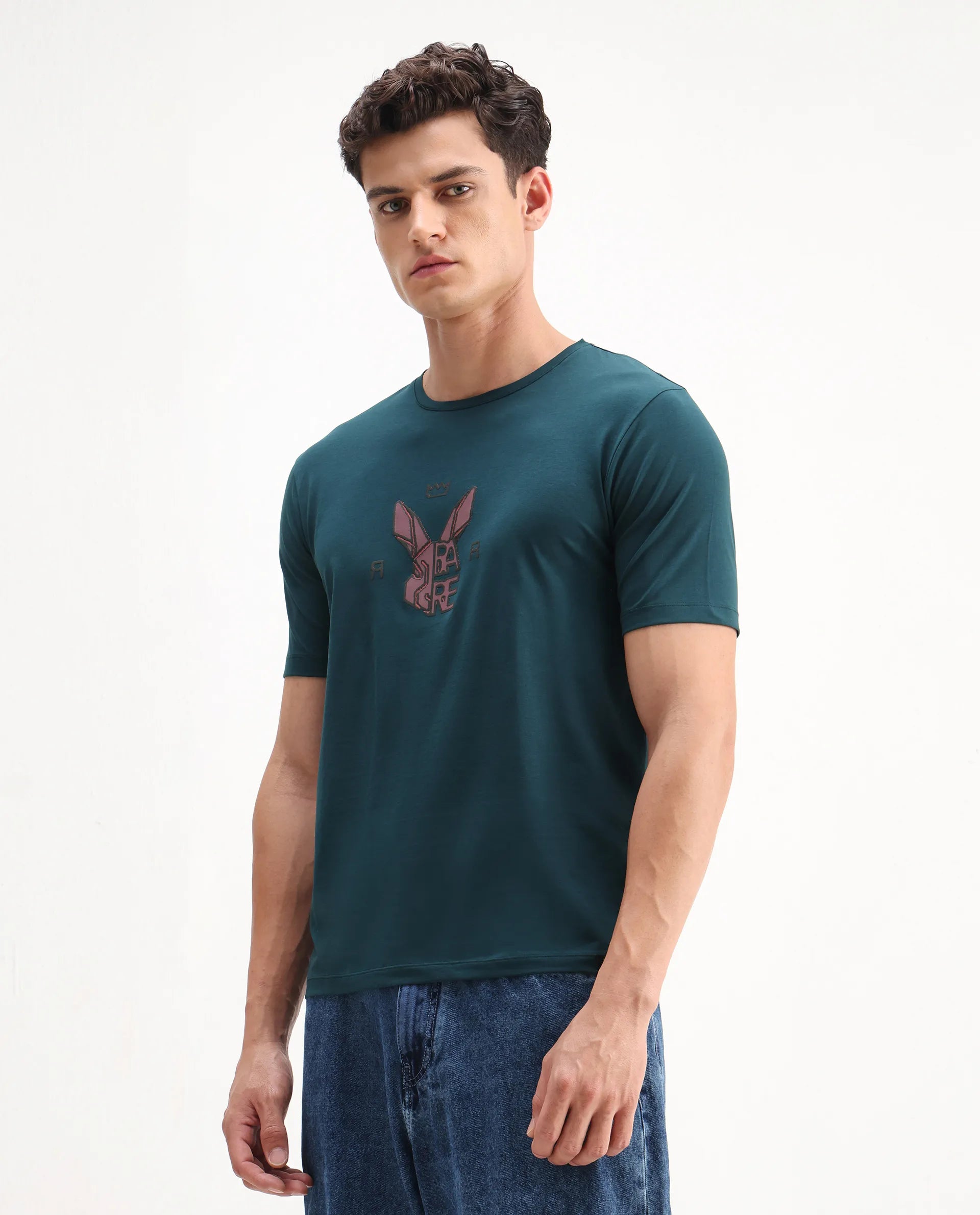 Rare Rabbit Men's Eros Dark Teal Cotton Blend Graphic Print Regular Fit Half Sleeve Crew Neck T-Shirt