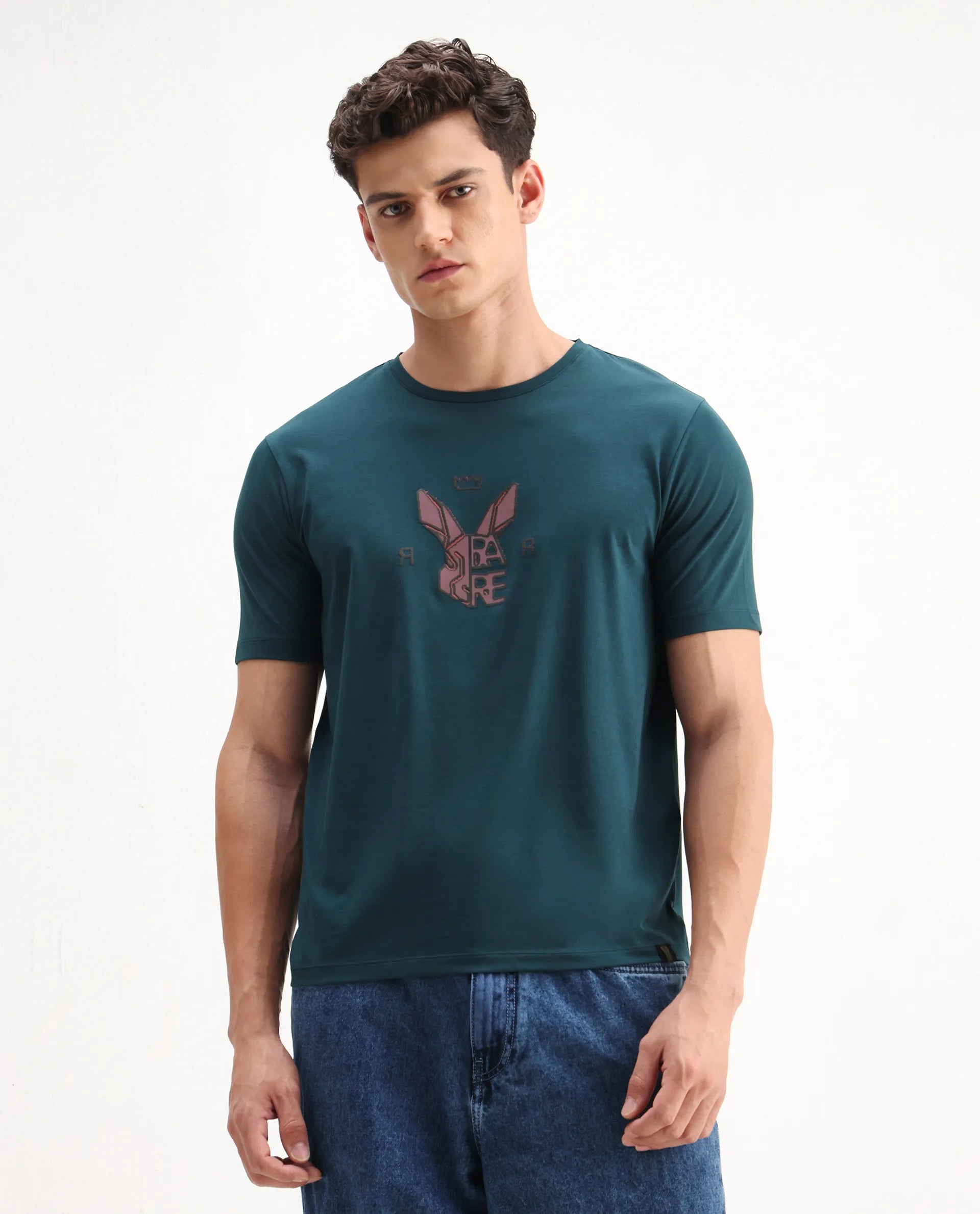 Rare Rabbit Men's Eros Dark Teal Cotton Blend Graphic Print Regular Fit Half Sleeve Crew Neck T-Shirt