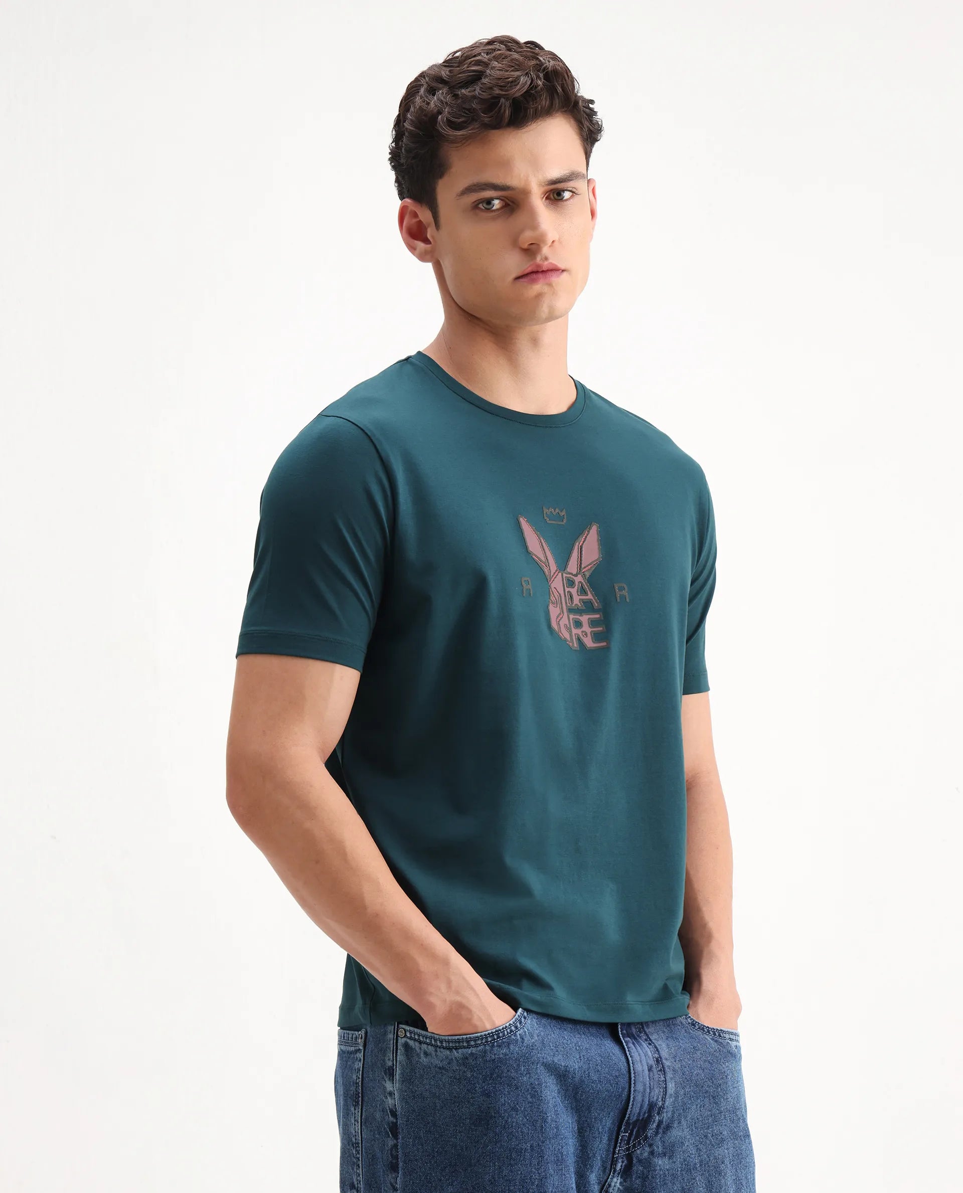 Rare Rabbit Men's Eros Dark Teal Cotton Blend Graphic Print Regular Fit Half Sleeve Crew Neck T-Shirt