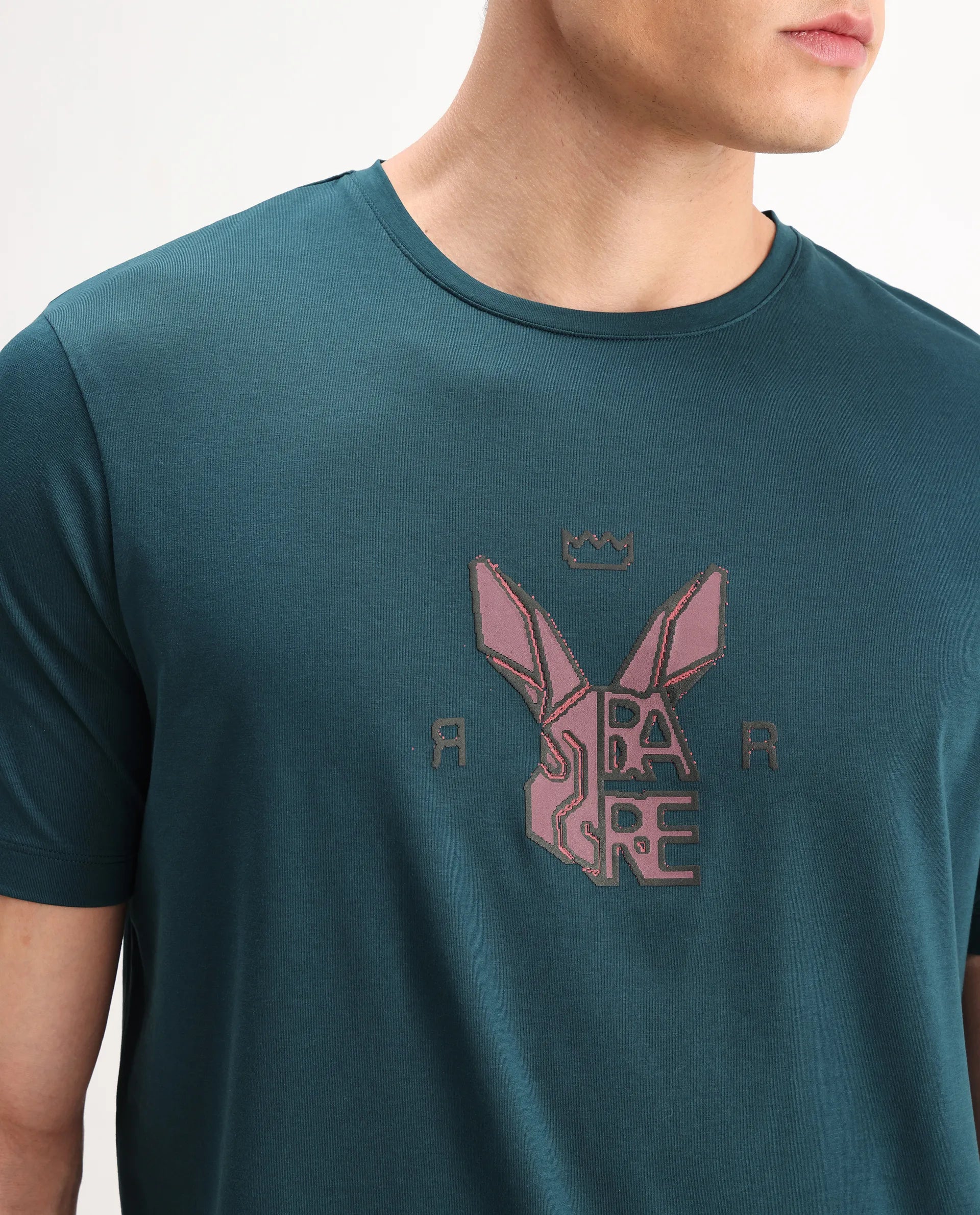Rare Rabbit Men's Eros Dark Teal Cotton Blend Graphic Print Regular Fit Half Sleeve Crew Neck T-Shirt