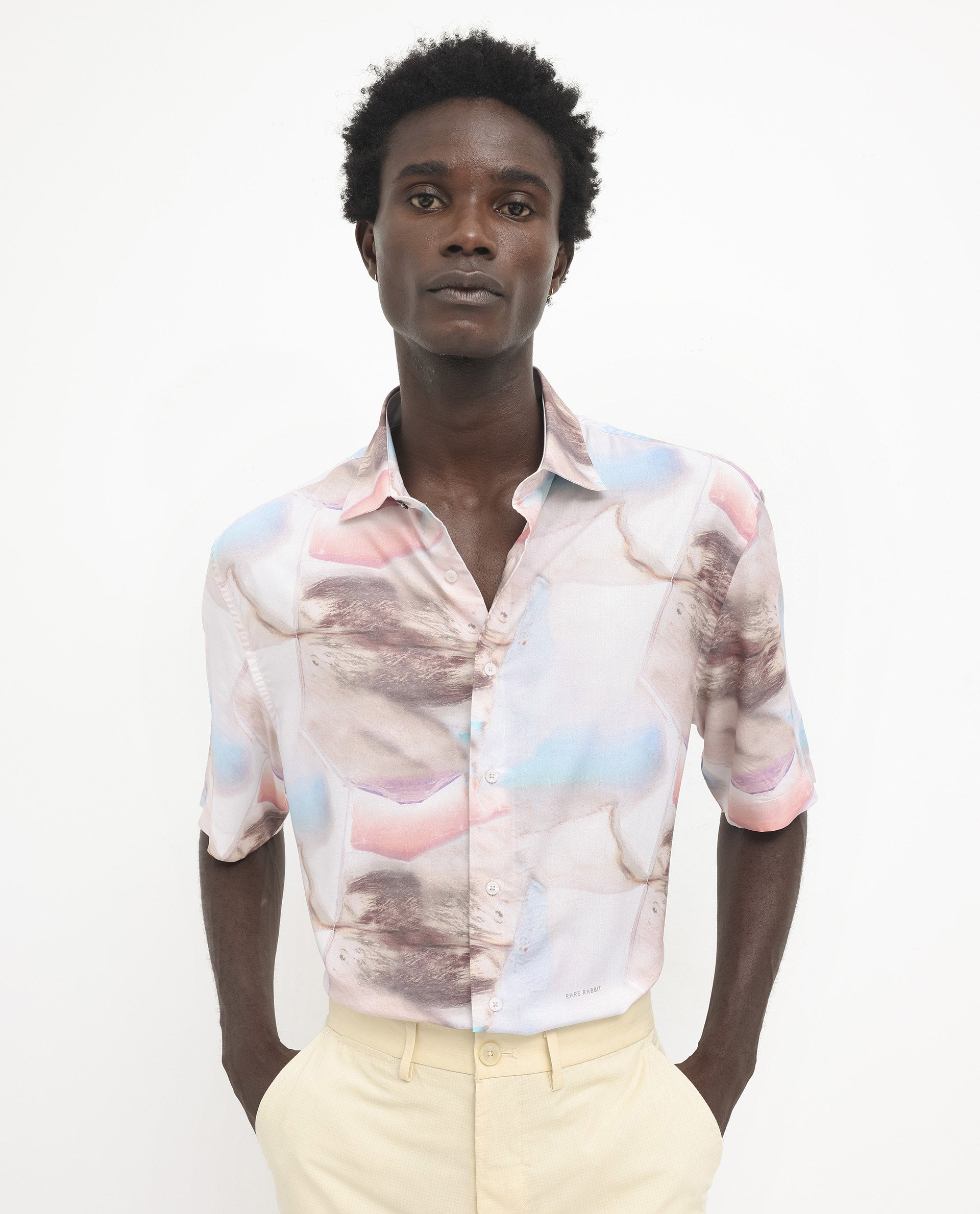 Rare Rabbit Men's Errai Beige Viscose Fabric Short Sleeve Regular Collar Boxy Fit Abstract Print Shirt