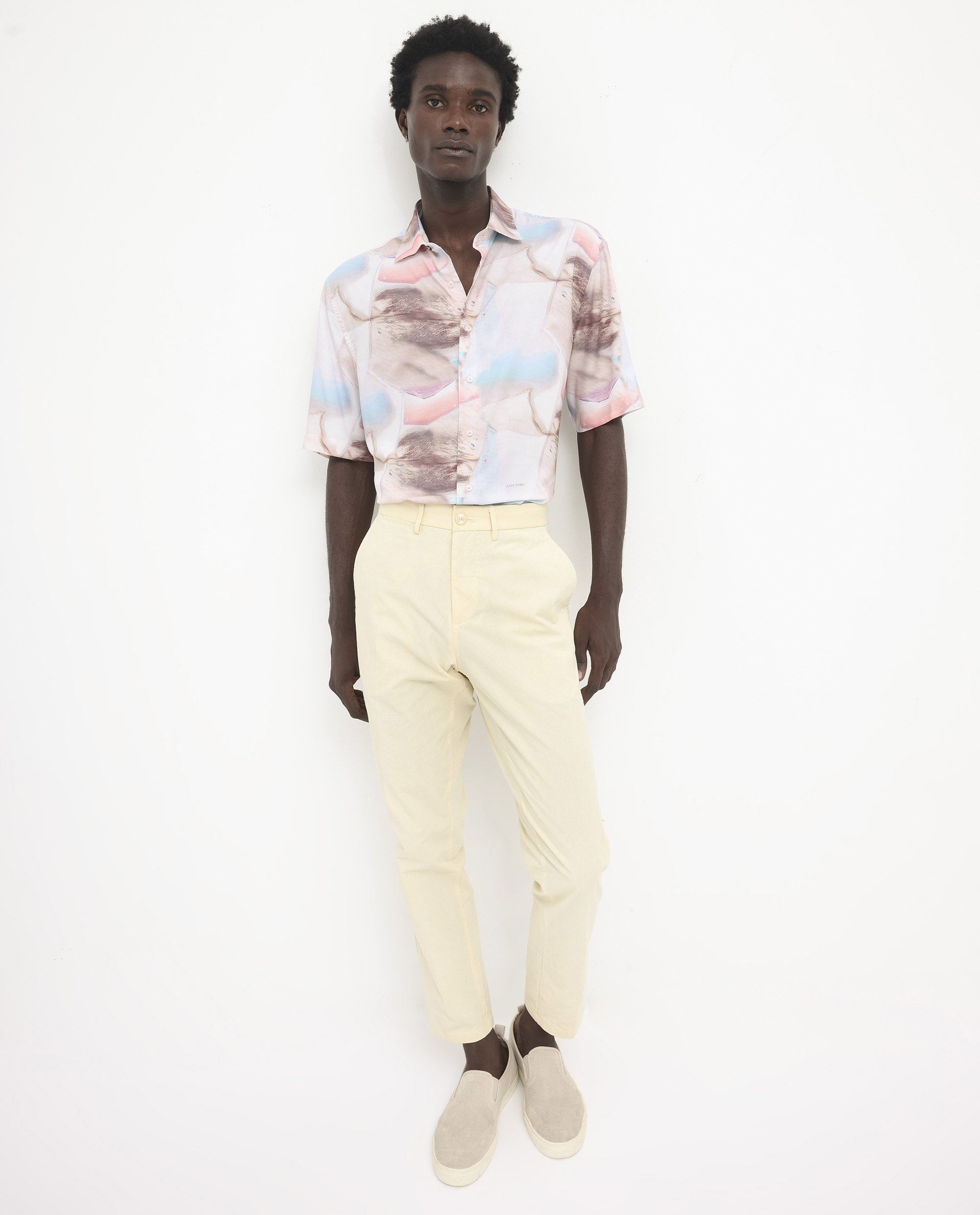 Rare Rabbit Men's Errai Beige Viscose Fabric Short Sleeve Regular Collar Boxy Fit Abstract Print Shirt