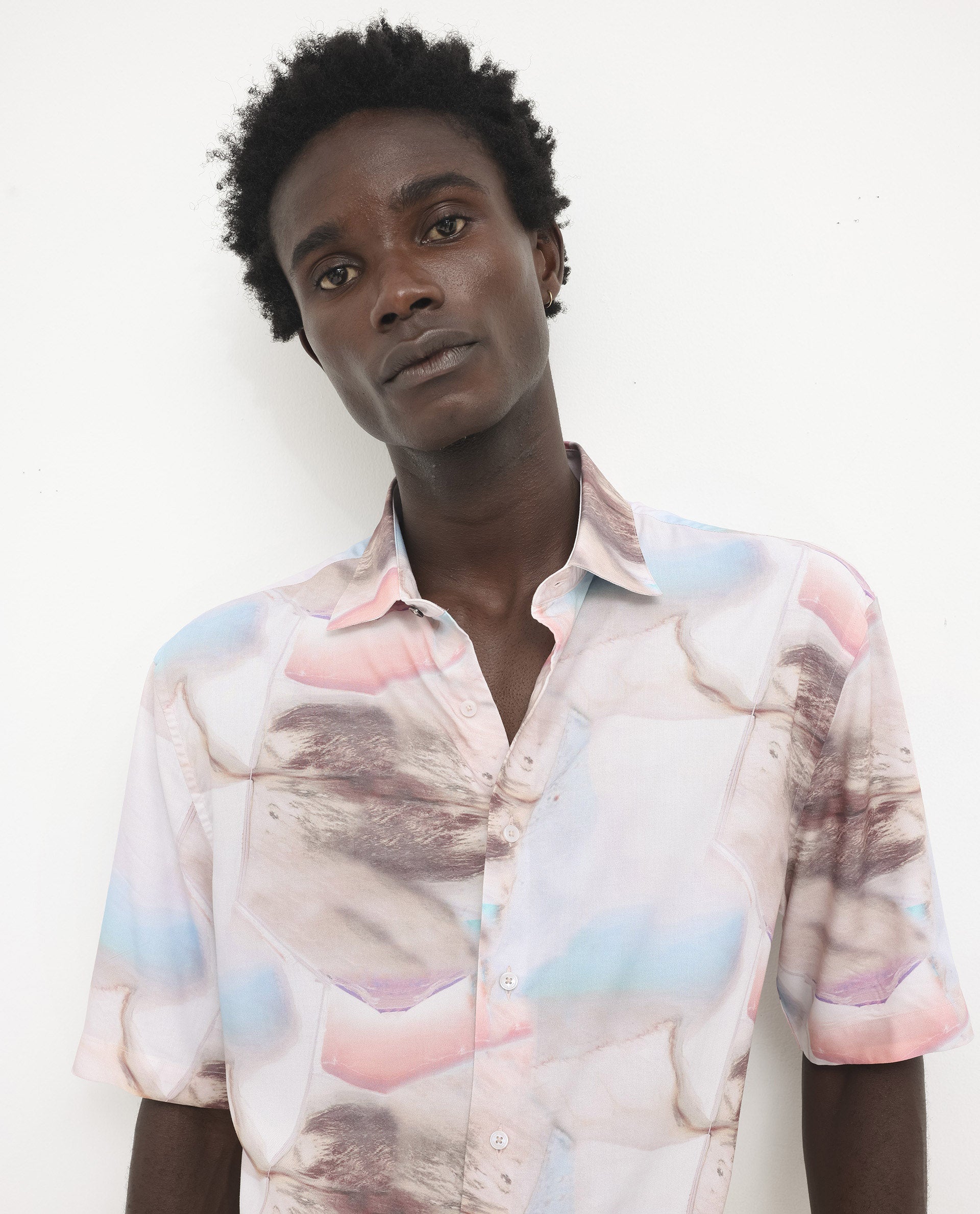 Rare Rabbit Men's Errai Beige Viscose Fabric Short Sleeve Regular Collar Boxy Fit Abstract Print Shirt