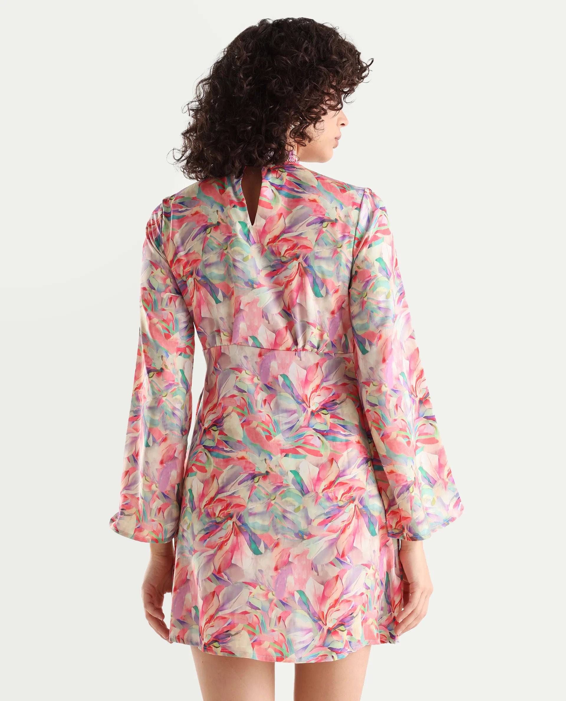 Rareism Women's Erry Light Multi Cotton Sweetheart Neck Abstract Print Bell Sleeve Knee Length Flared Dress