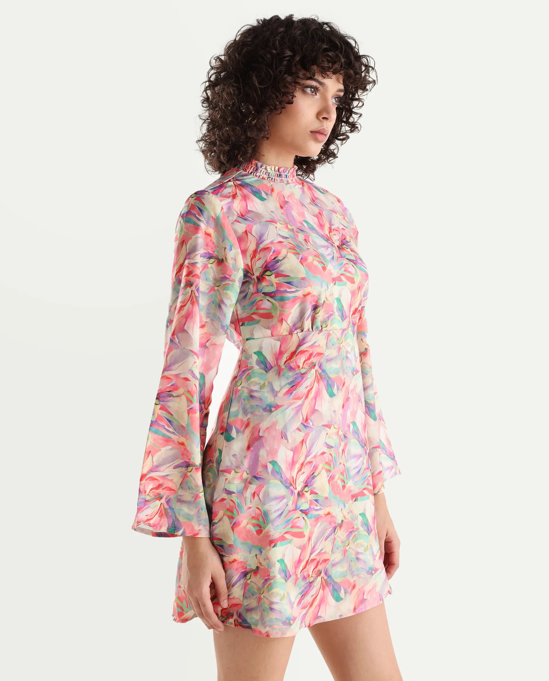 Rareism Women's Erry Light Multi Cotton Sweetheart Neck Abstract Print Bell Sleeve Knee Length Flared Dress