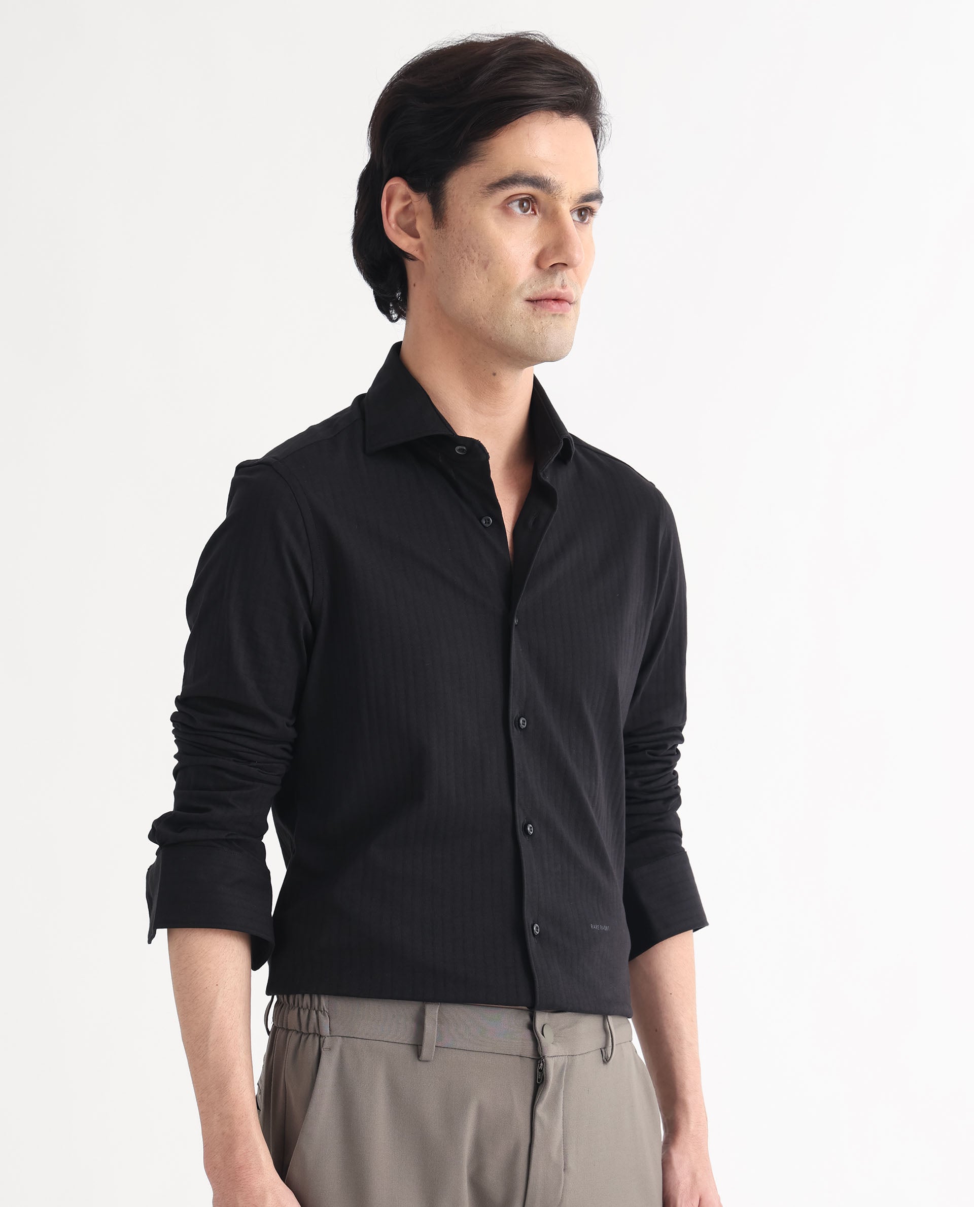 Rare Rabbit Men's Ertical Black Cotton Fabric Full Sleeves Self Jacquard Striped Shirt