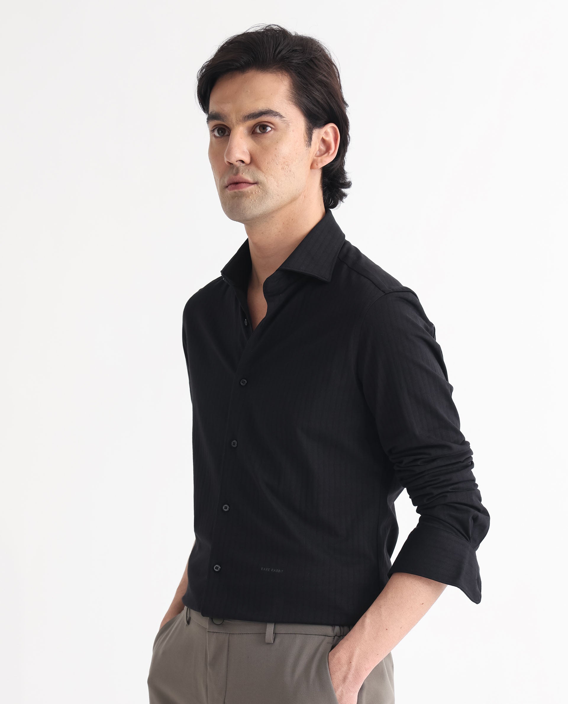 Rare Rabbit Men's Ertical Black Cotton Fabric Full Sleeves Self Jacquard Striped Shirt