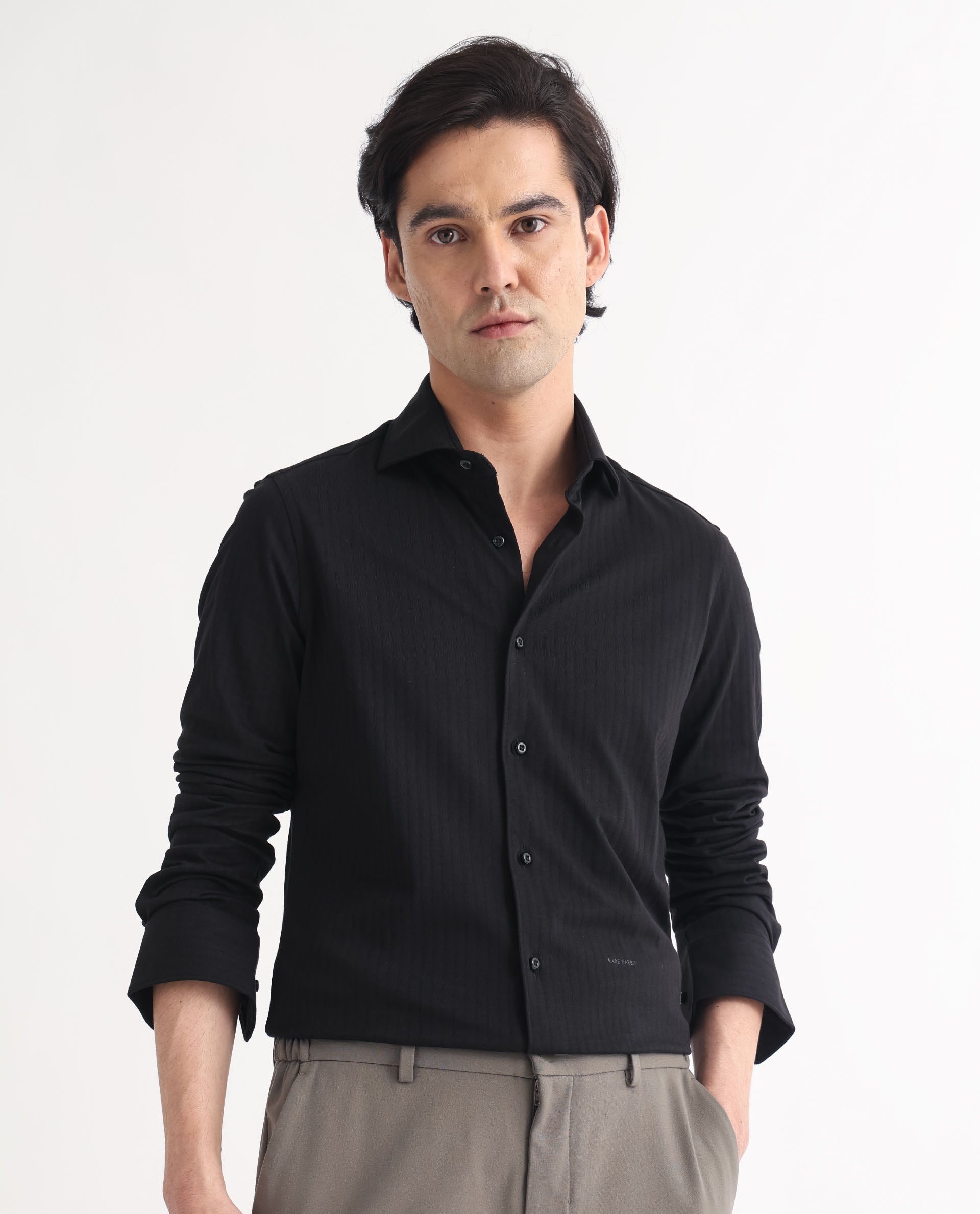 Rare Rabbit Men's Ertical Black Cotton Fabric Full Sleeves Self Jacquard Striped Shirt